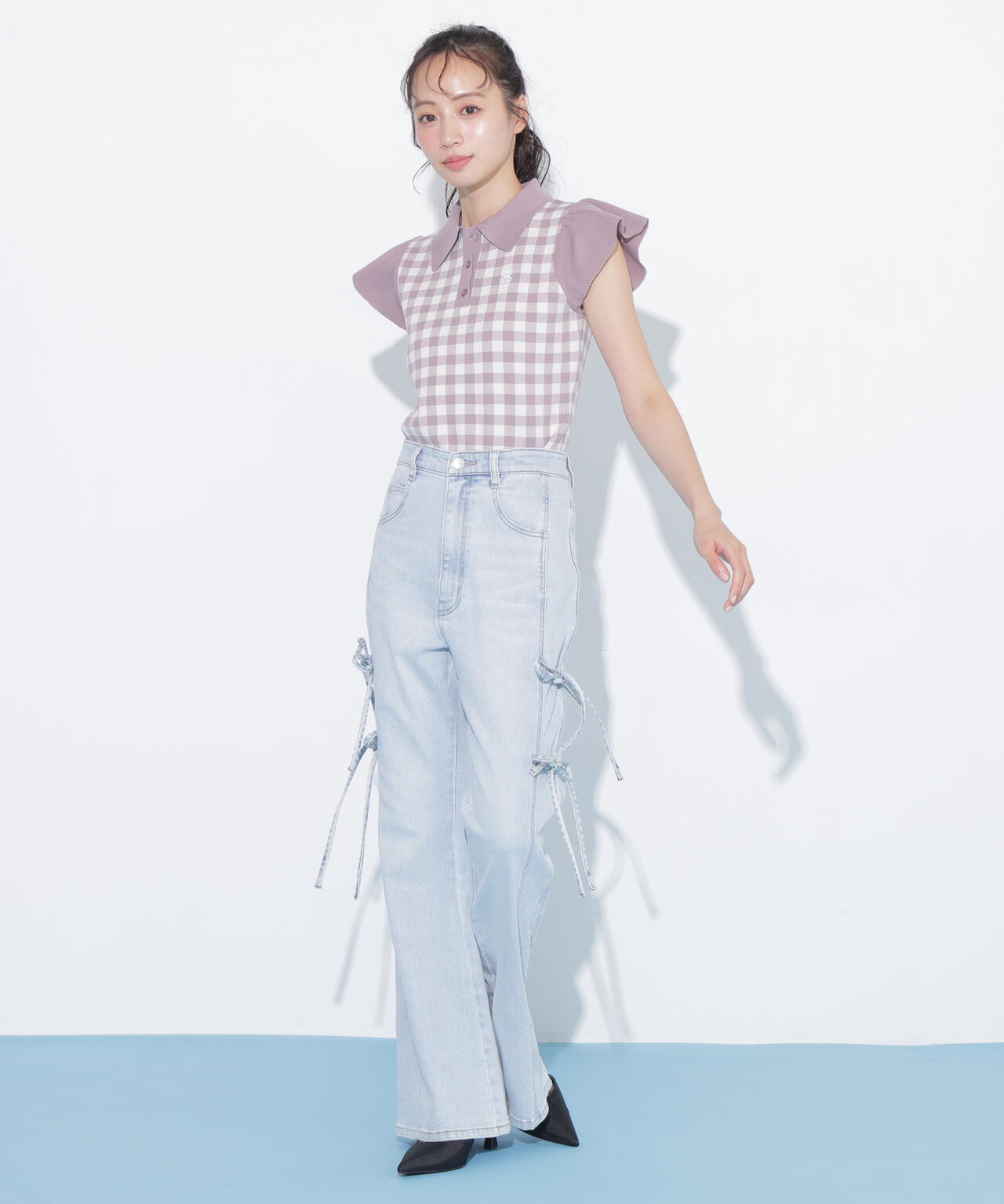 ＜WEB限定カラーあり＞フリル袖ポロニット