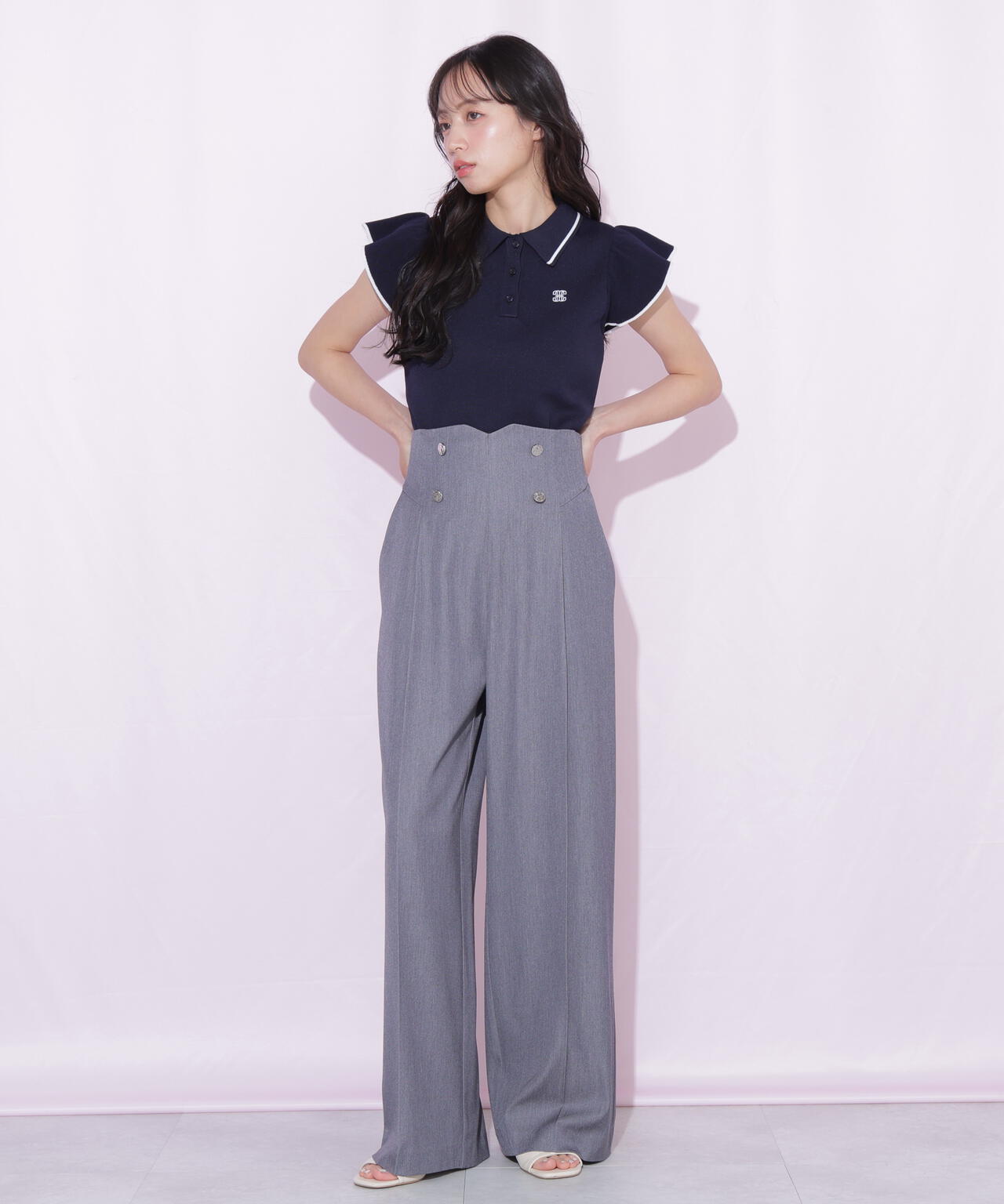 ＜WEB限定カラーあり＞フリル袖ポロニット