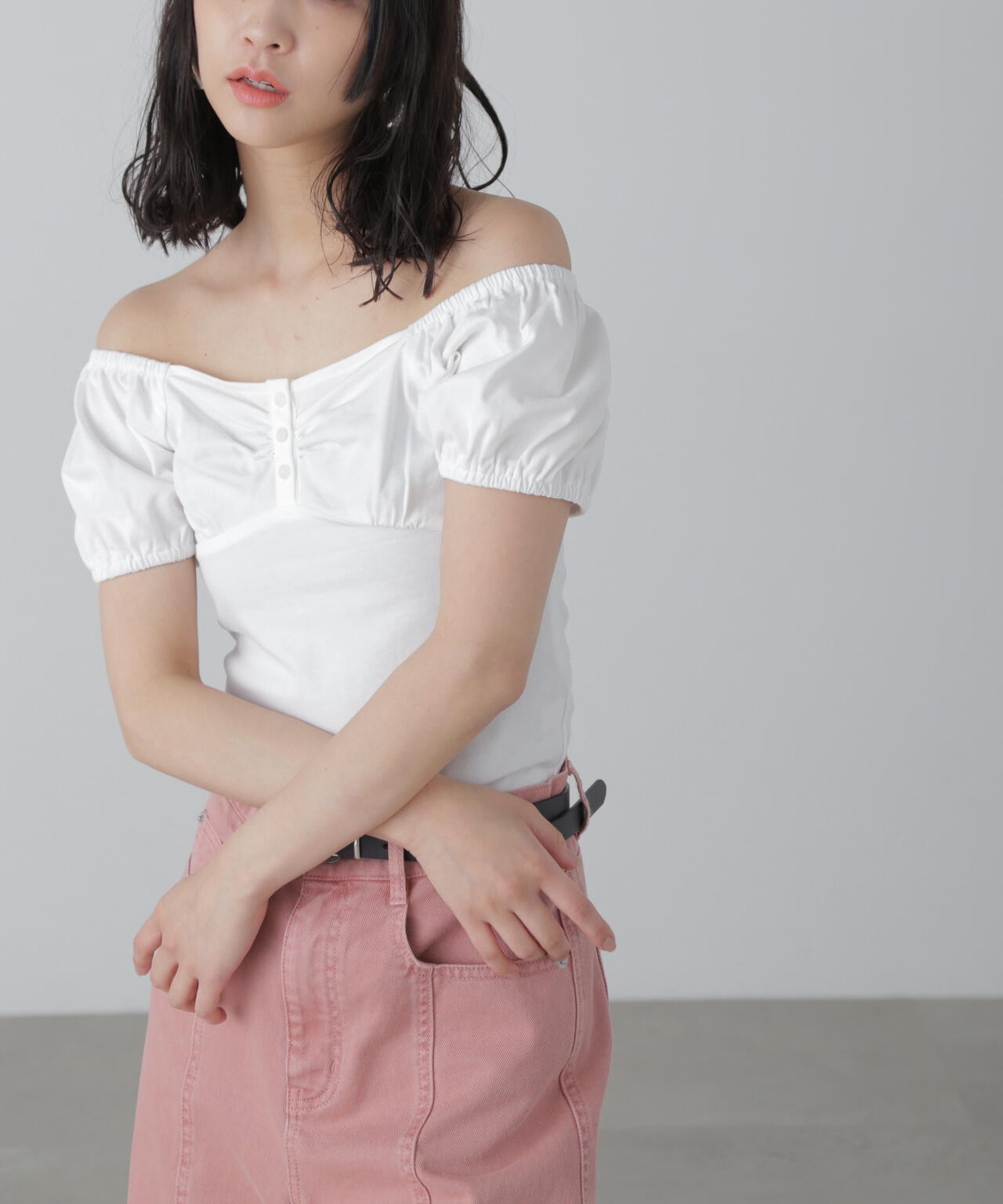 オフショルギャザーカットソー