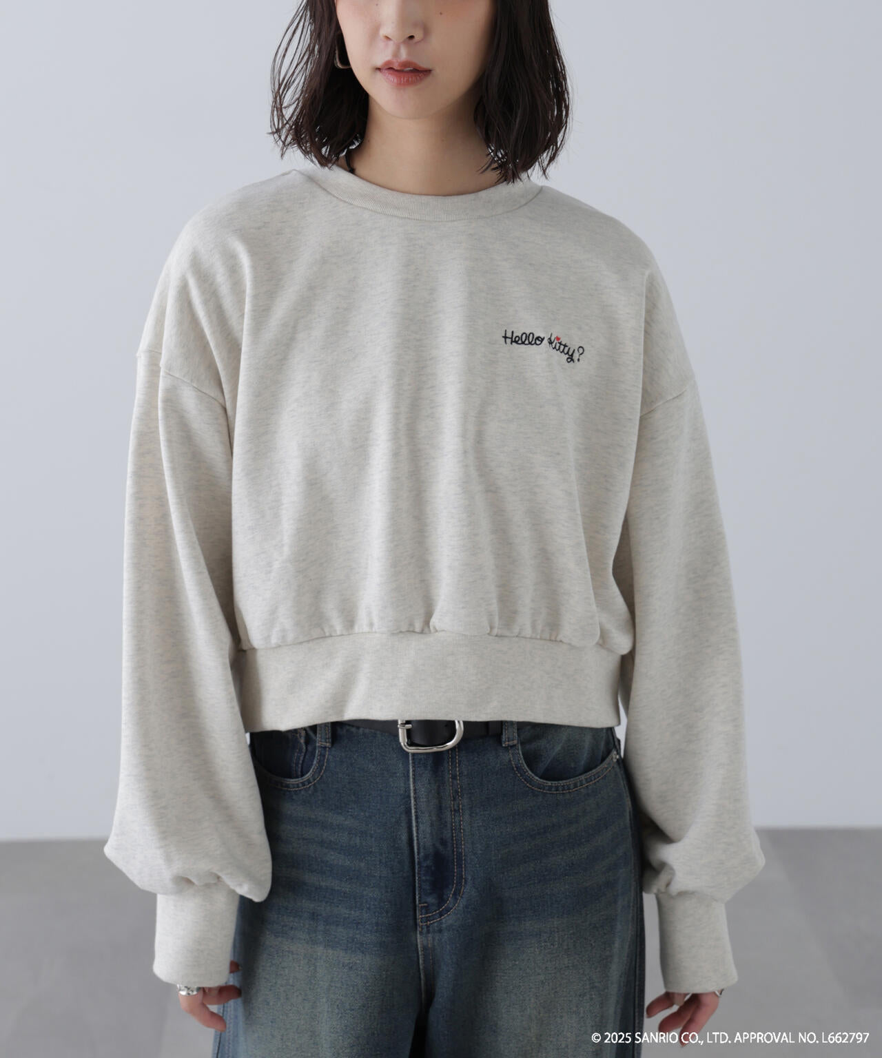 【HELLO KITTY】サンリオキャラクターズコラボ SHORT SWEAT ショートスウェット 胸LOGO×袖RIBBON