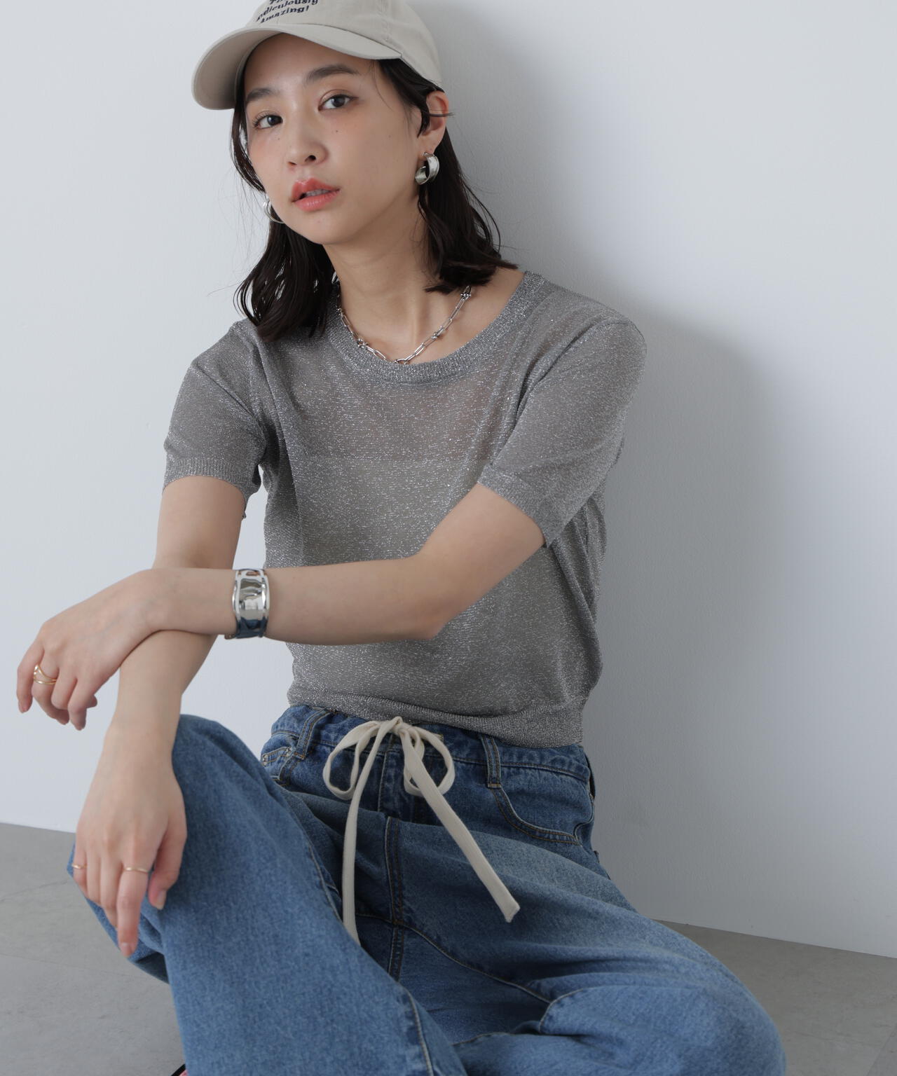 コンパクトラメシアー半袖ニット