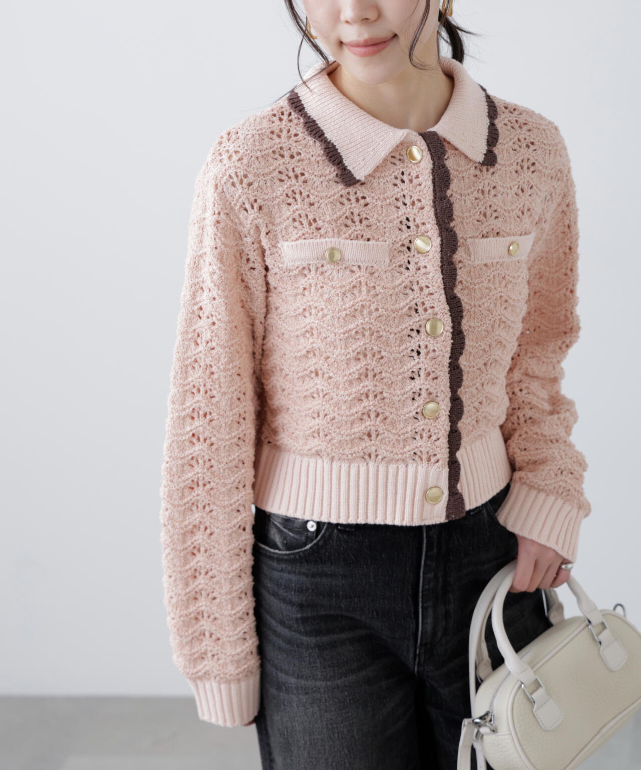 ミニブークレツィードライク配色ニットカーディガン
