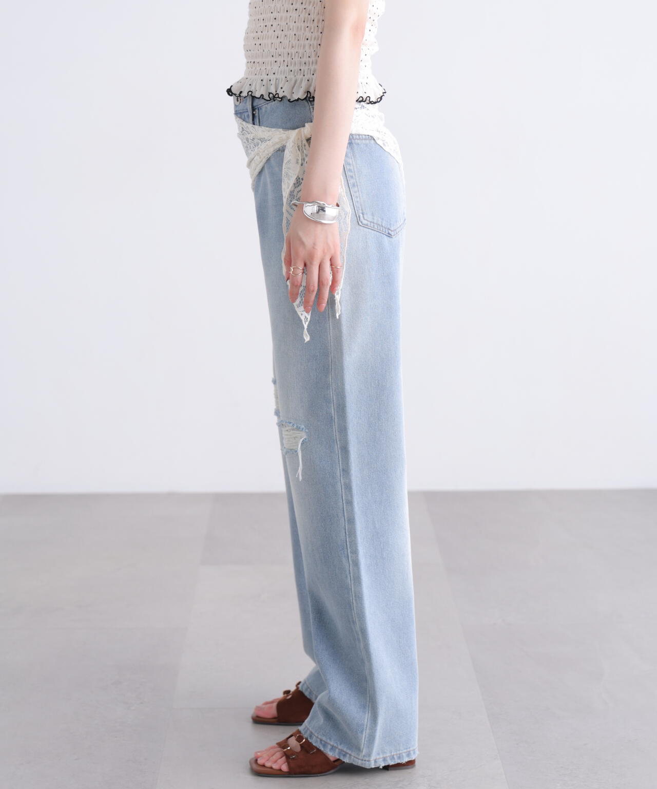 [低身長サイズ/Sシリーズ]クラッシュレースデニムパンツ