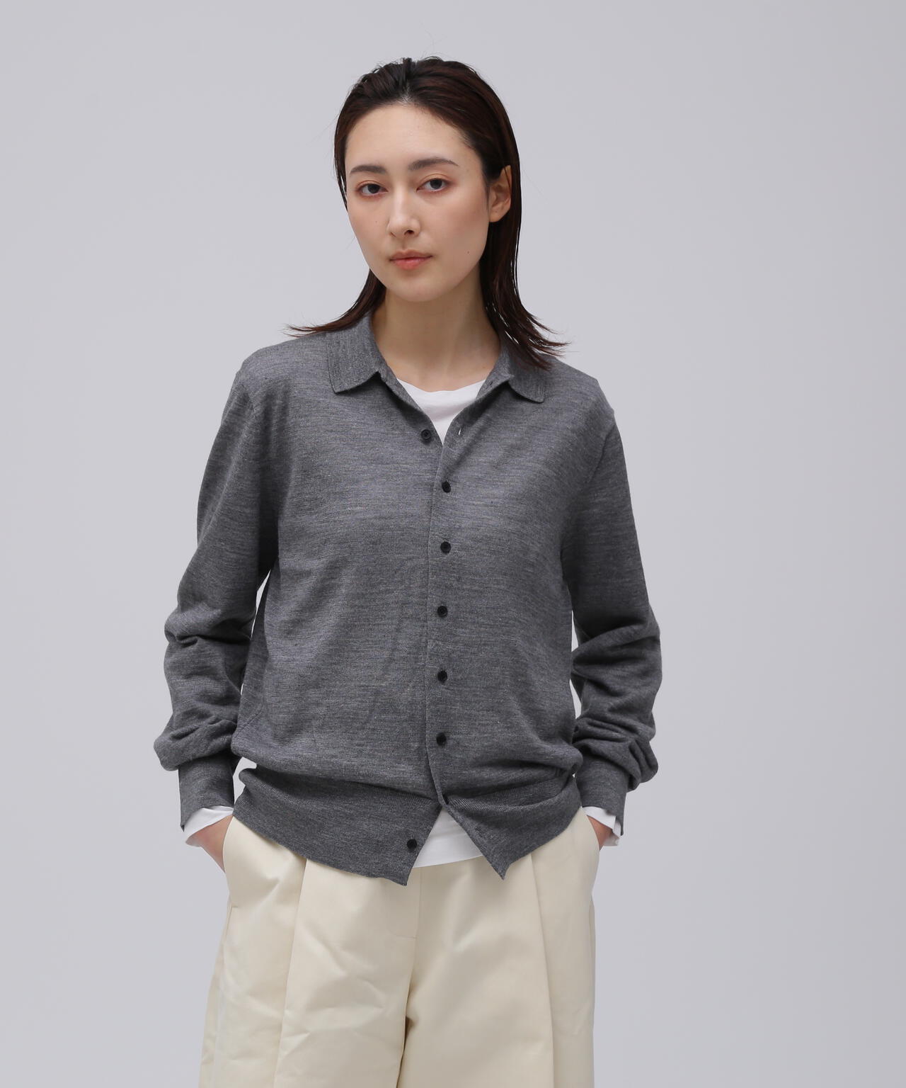 ATON / RAMIE WOOL POLO KNIT CARDIGAN