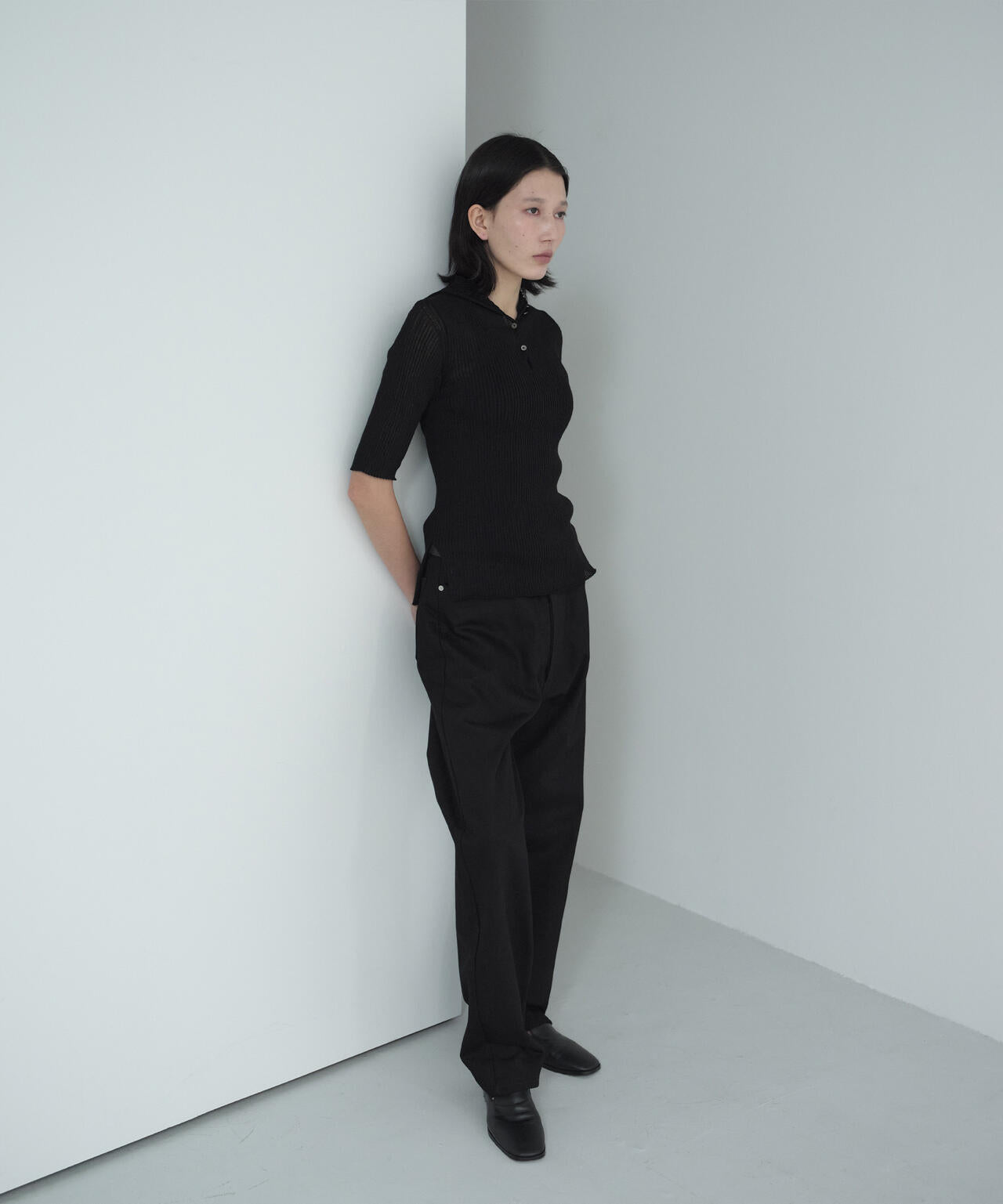 IRENISA / HALF-SLEEVED RIB KNIT PULLOVER
