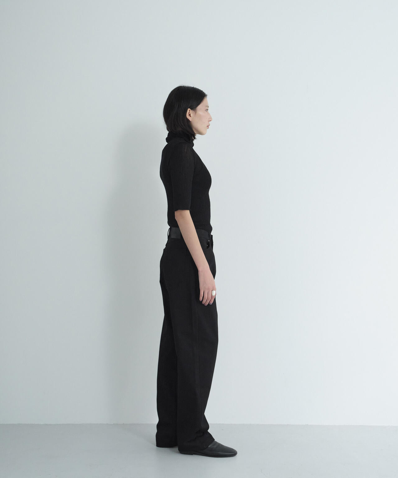 IRENISA / HALF-SLEEVED RIB KNIT PULLOVER