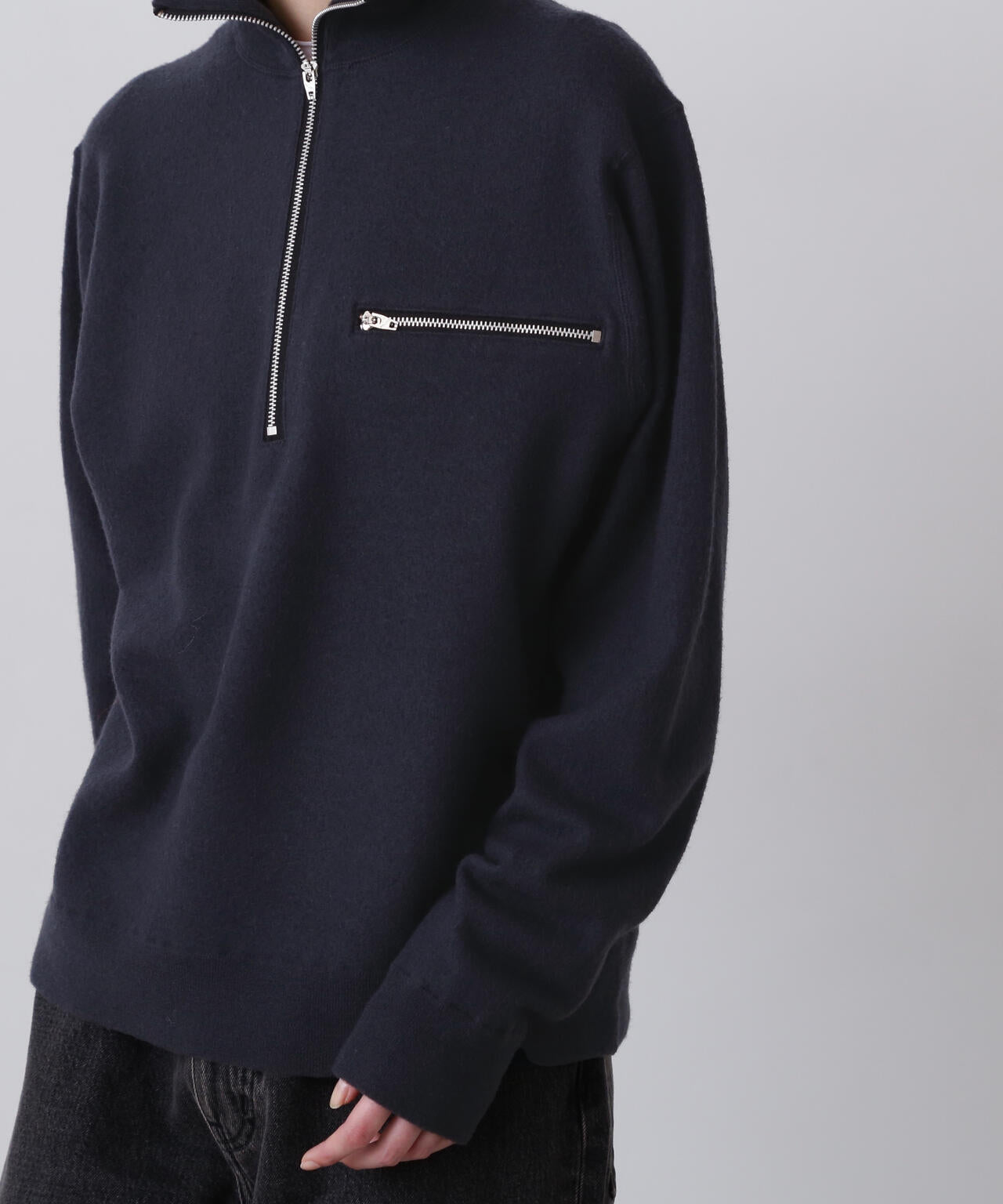 YLEVE / ULTRAFINE MERINO MILLED WOOL KNIT HALF ZIP PULL OVER
