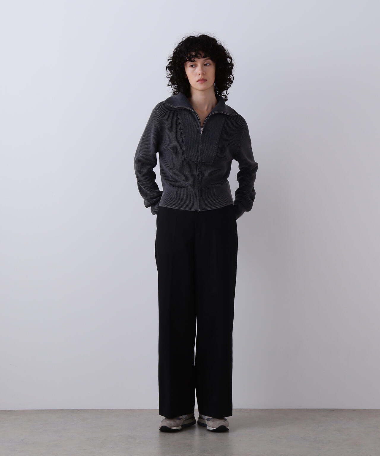 YLEVE / FADED STONEWASH KNIT ZIP PULLOVER