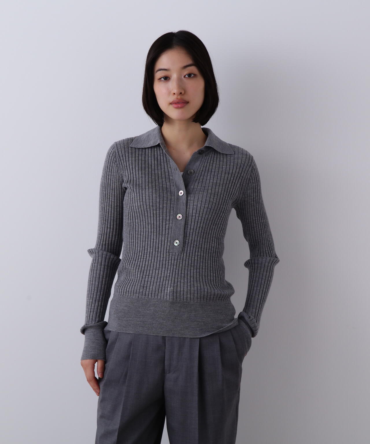 YLEVE / WOOL SILK CASHMERE RIB KNIT POLO