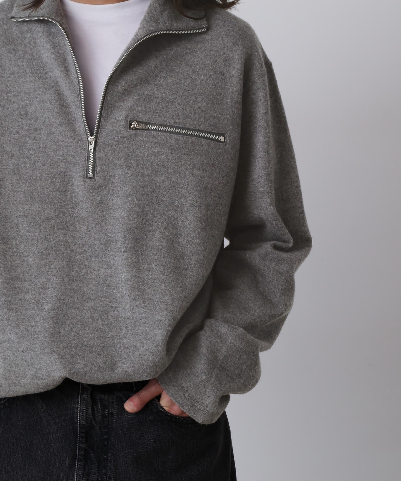 YLEVE / ULTRAFINE MERINO MILLED WOOL KNIT HALF ZIP PULL OVER