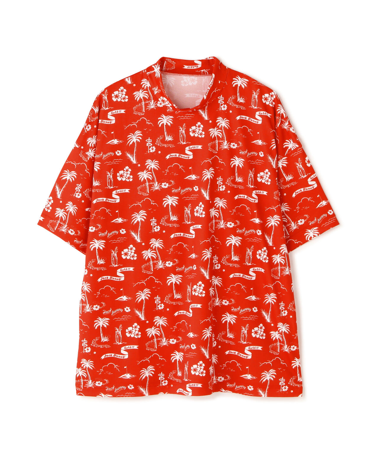 PEメッシュアロハ柄プリント半袖モックネックカットソー