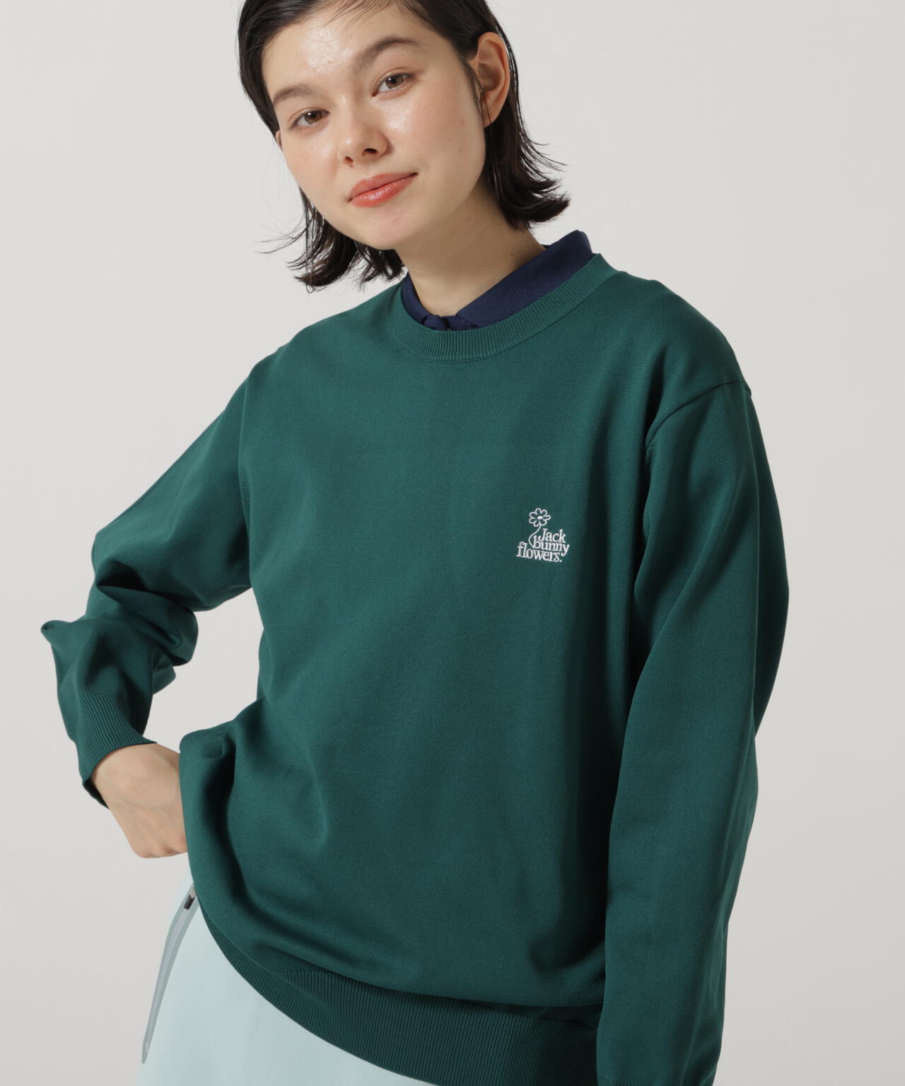 フラワージャガードクルーネックニットプルオーバー