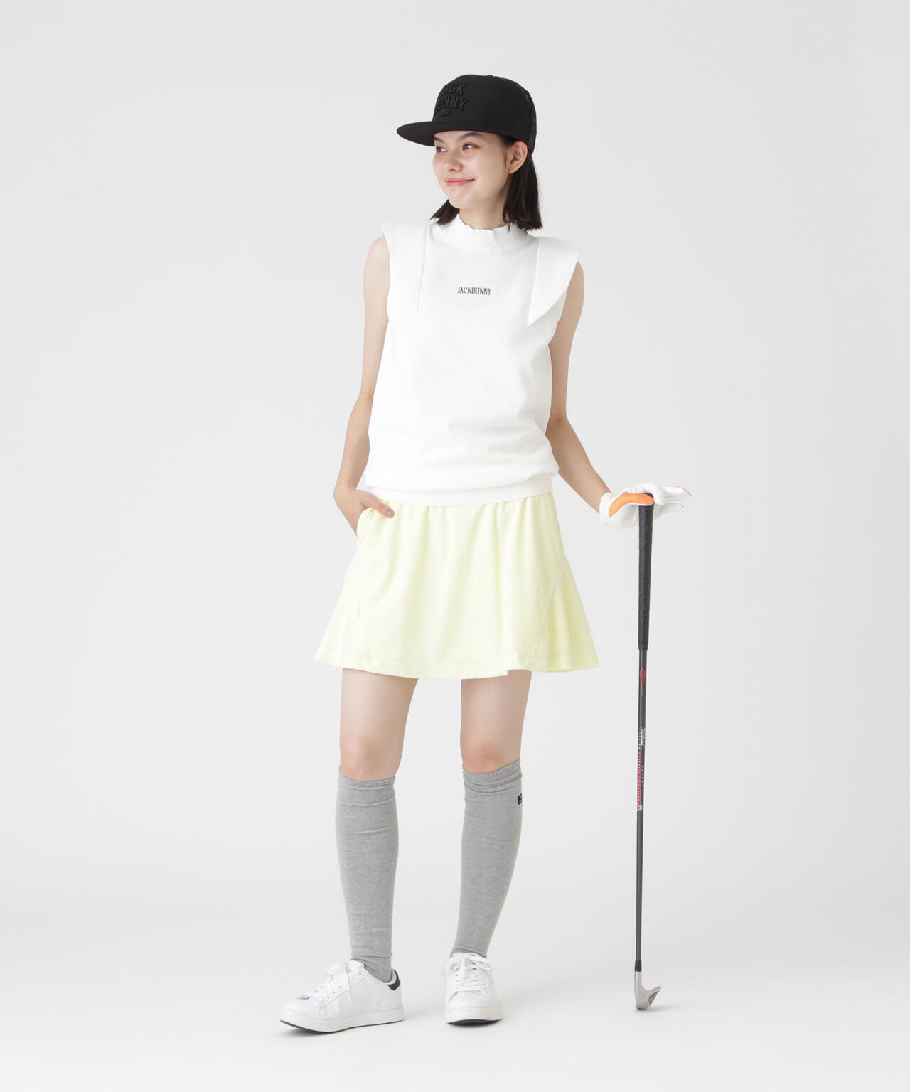 イージーケア フリルスリーブモックネックニット