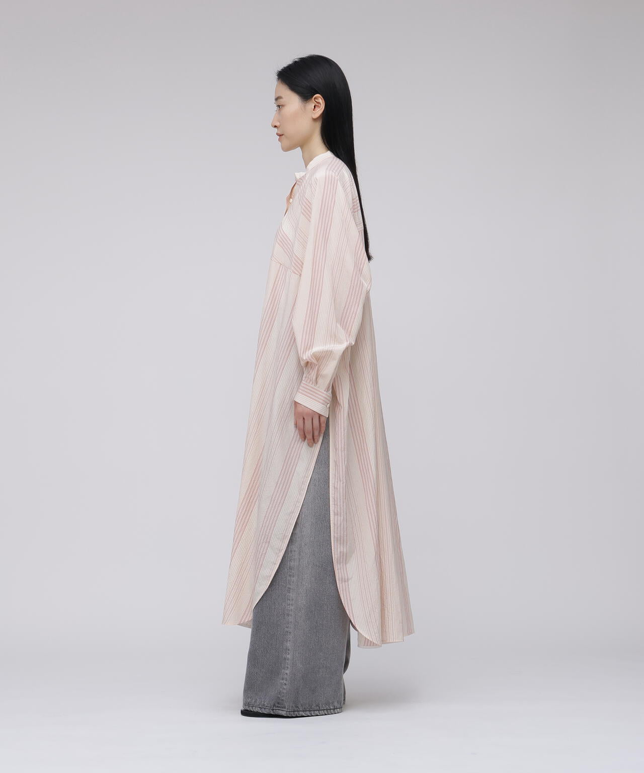 quitan / COTTON SILK 'STRIKE-OFF' STRIPE AO DAÏ LONG BAND COLLAR SHIRT