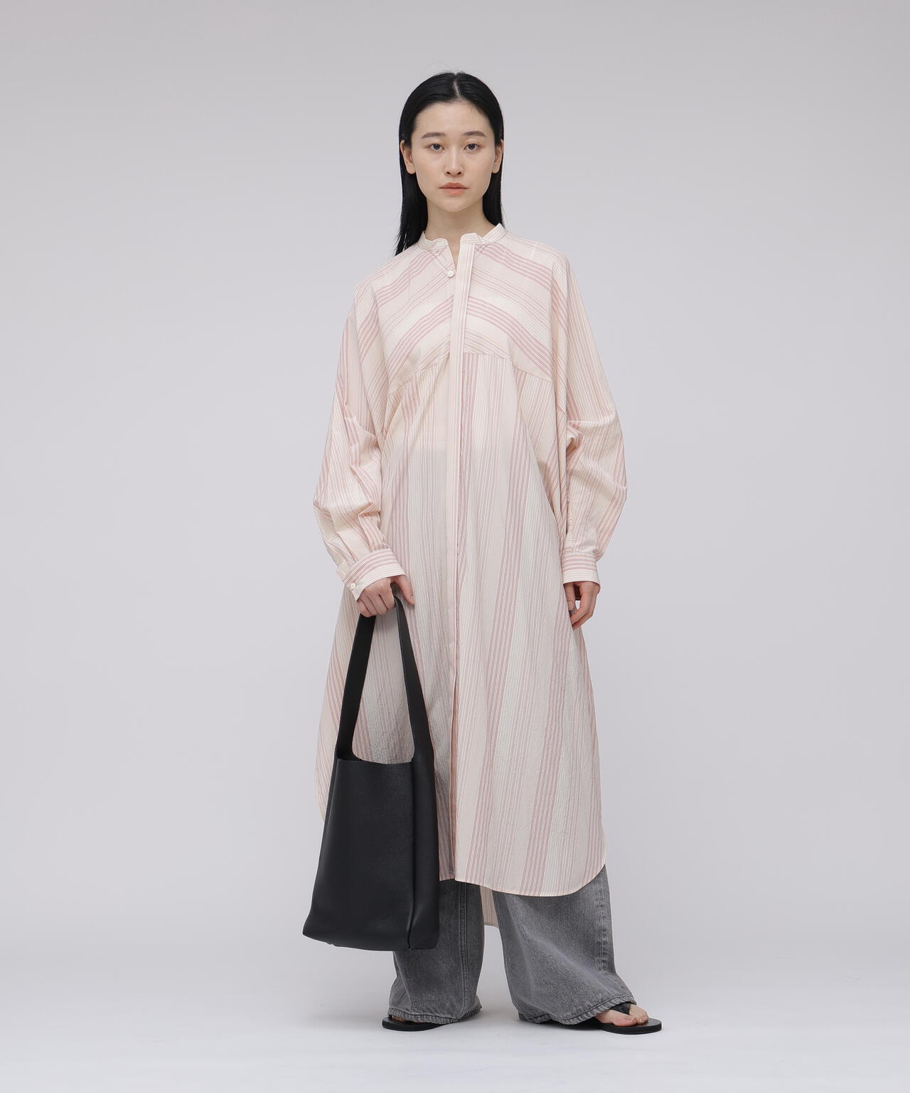 quitan / COTTON SILK 'STRIKE-OFF' STRIPE AO DAÏ LONG BAND COLLAR SHIRT