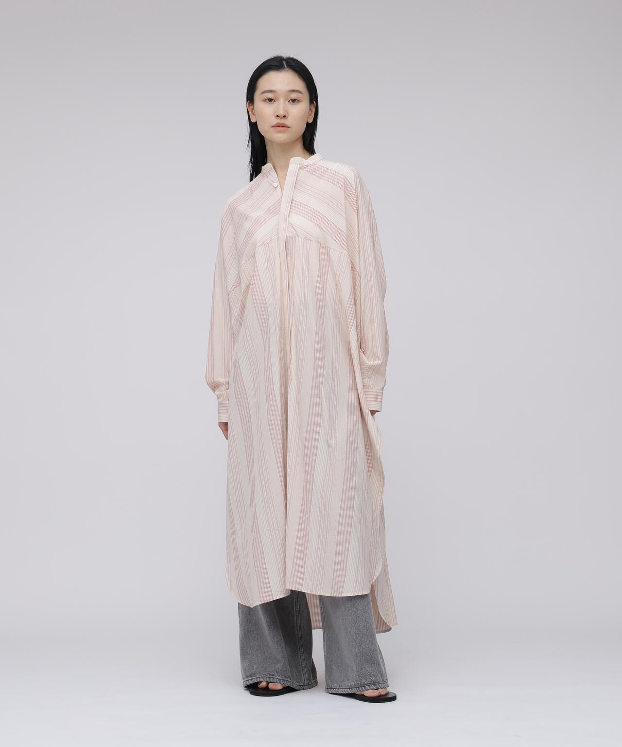 quitan / COTTON SILK 'STRIKE-OFF' STRIPE AO DAÏ LONG BAND COLLAR SHIRT