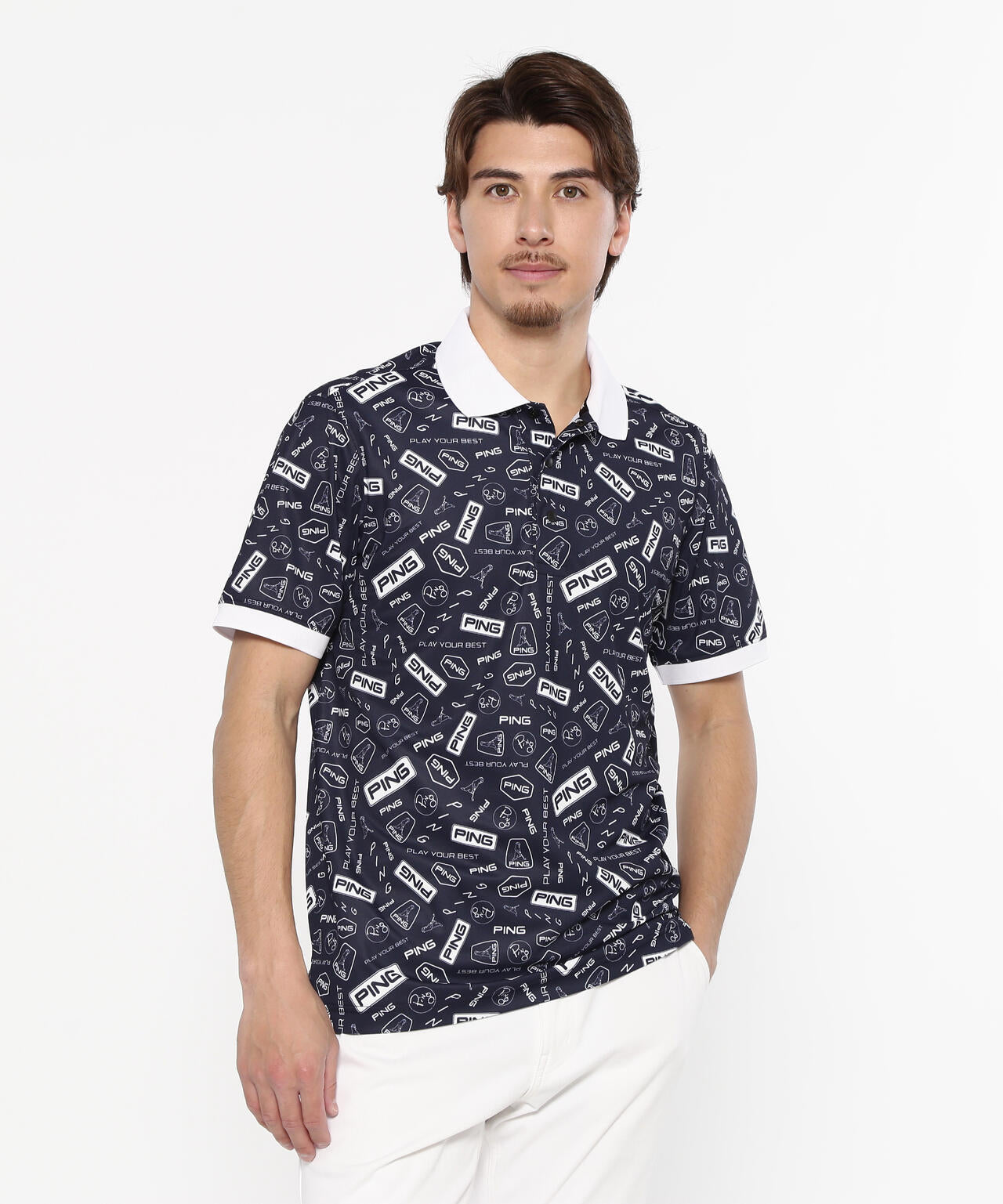 【PING APPAREL】総柄プリント半袖ポロシャツ ＜NATIVE＞ (MENS)