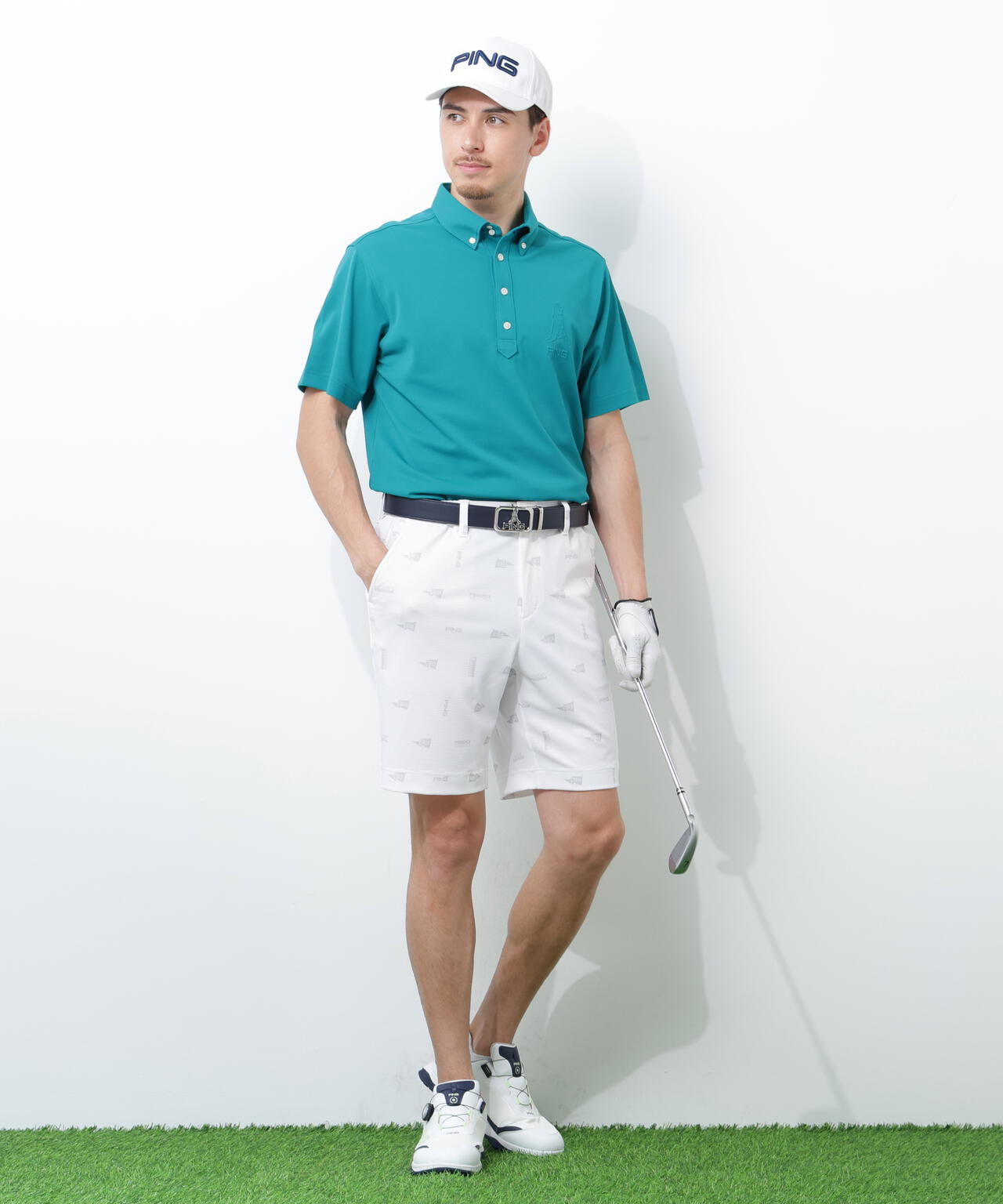 【PING APPAREL】Mr.PINGエンボスカノコ レイブロック半袖ボタンダウンシャツ ＜NAITVE＞ (MENS)