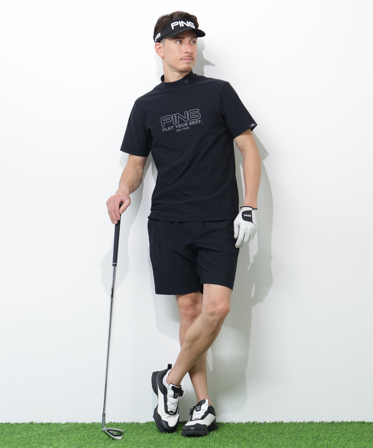 【PING APPAREL】全方向ストレッチドットメッシュ半袖ハイネックシャツ×ショートパンツ ＜PERFORMANCE＞ (MENS)
