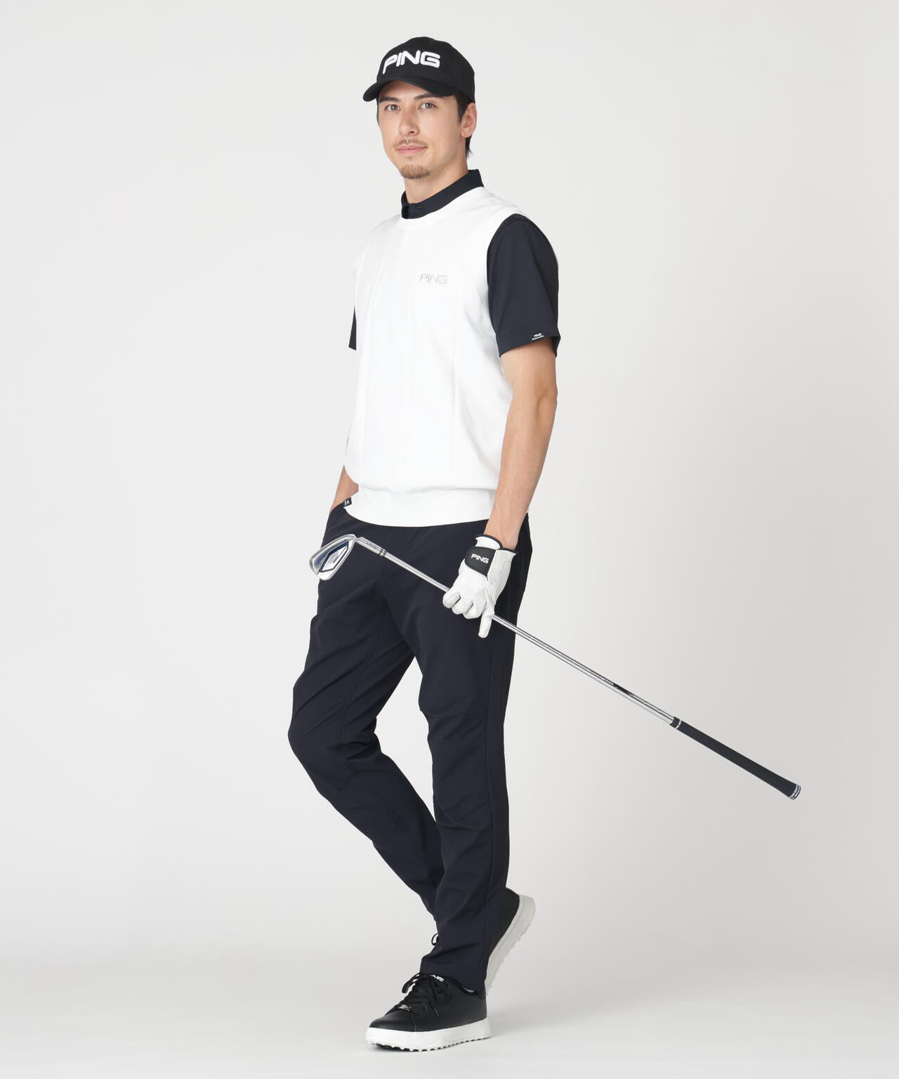 ［PING APPAREL］［吸水速乾・ストレッチ］三角幾何学柄ジャガード半袖ポロシャツ (MENS)