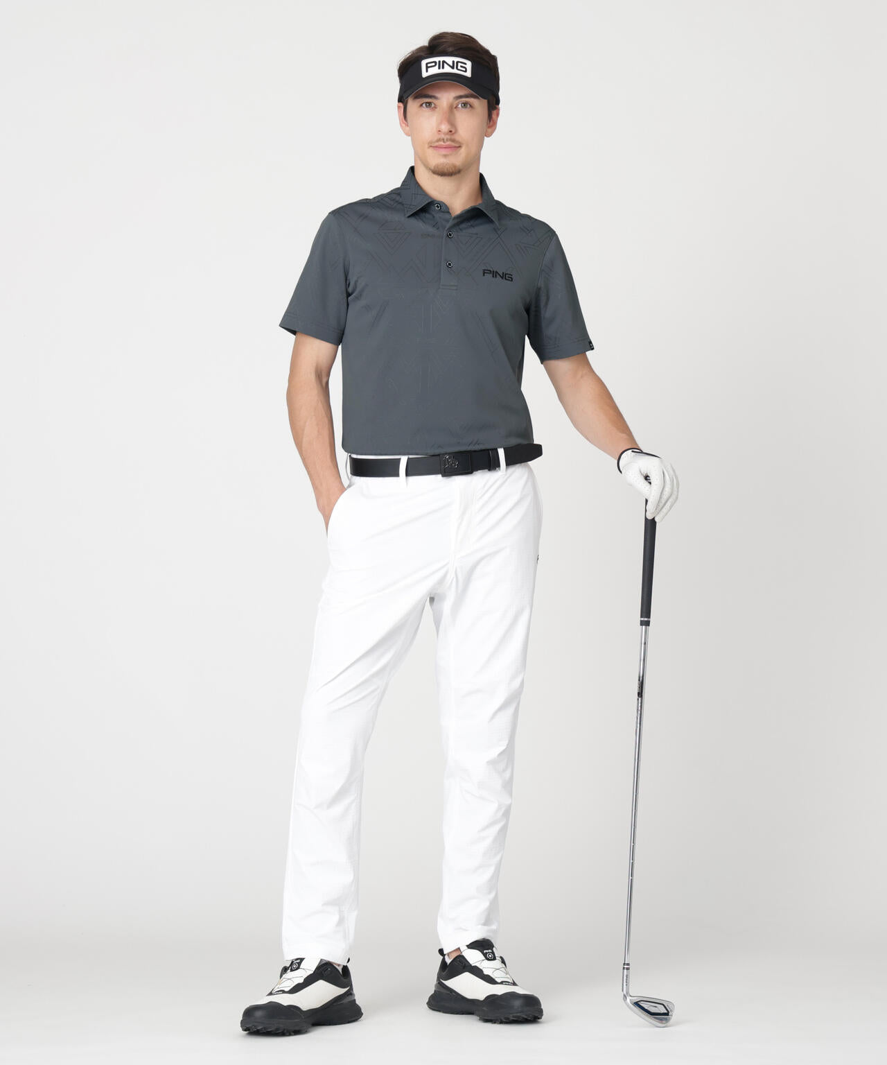 ［PING APPAREL］［吸水速乾・ストレッチ］三角幾何学柄ジャガード半袖ポロシャツ (MENS)