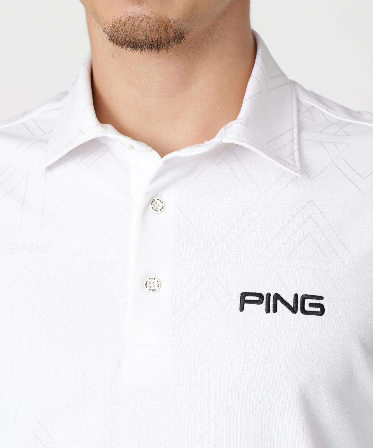［PING APPAREL］［吸水速乾・ストレッチ］三角幾何学柄ジャガード半袖ポロシャツ (MENS)