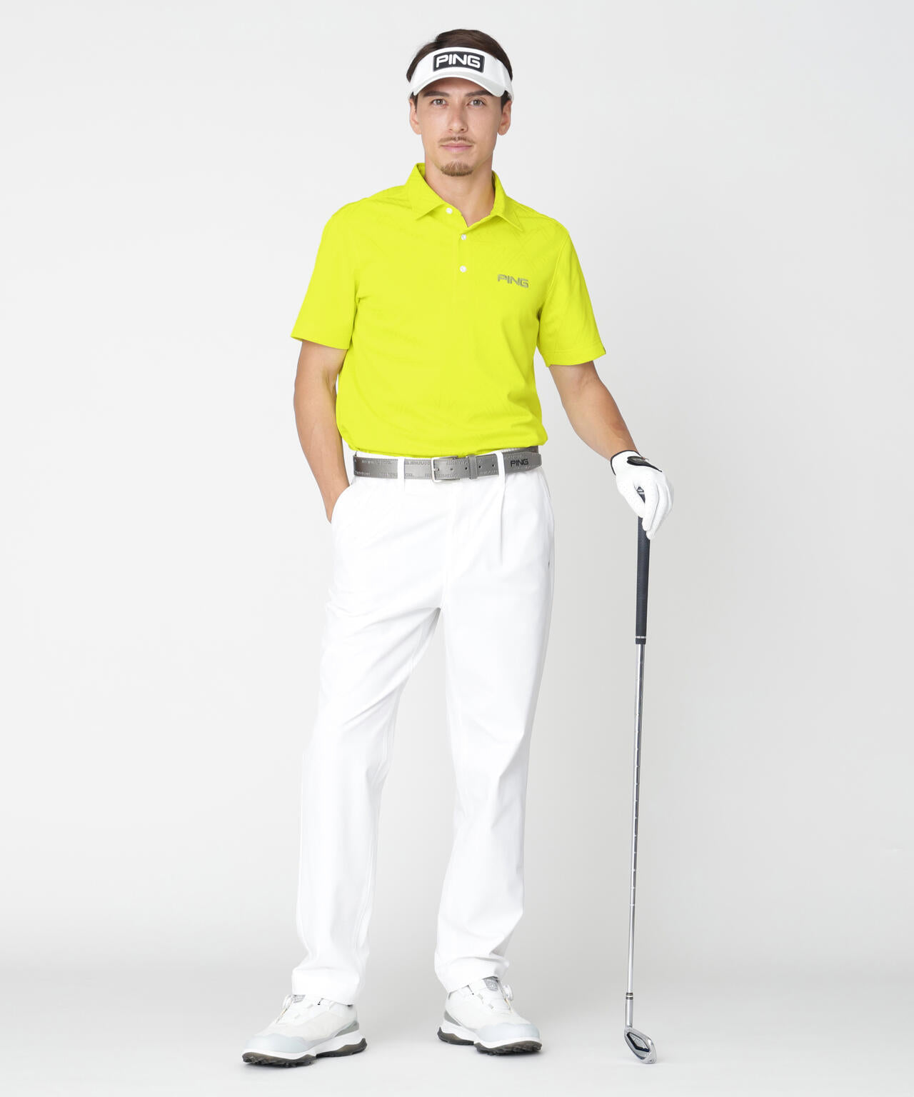 ［PING APPAREL］［吸水速乾・ストレッチ］三角幾何学柄ジャガード半袖ポロシャツ (MENS)