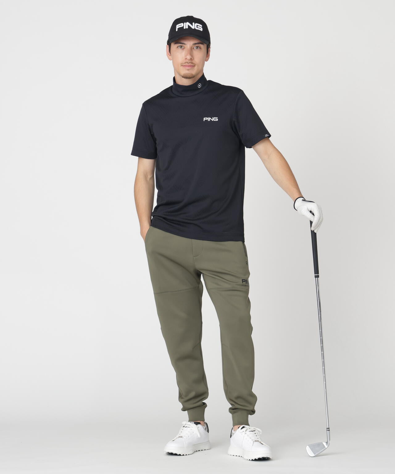 ［PING APPAREL］［吸水速乾・ストレッチ］幾何学柄ジャカード半袖ハイネックシャツ (MENS)