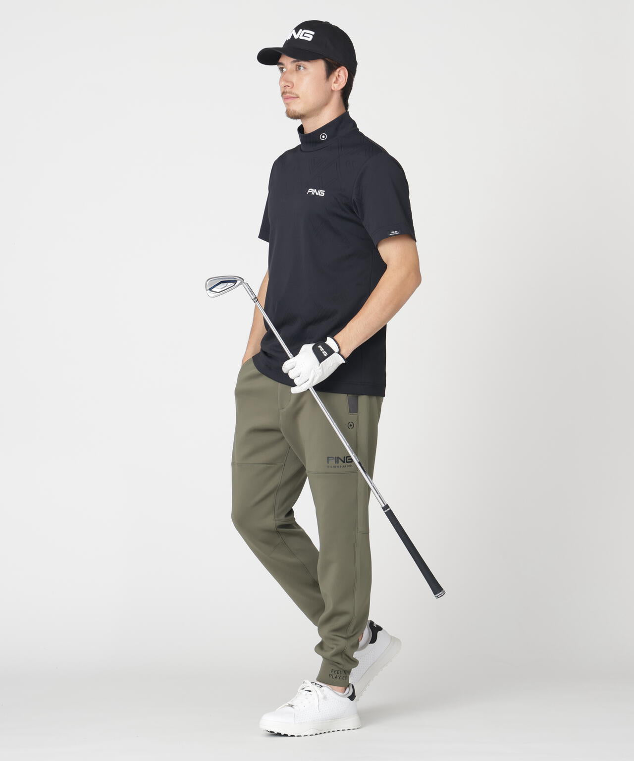 ［PING APPAREL］［吸水速乾・ストレッチ］幾何学柄ジャカード半袖ハイネックシャツ (MENS)