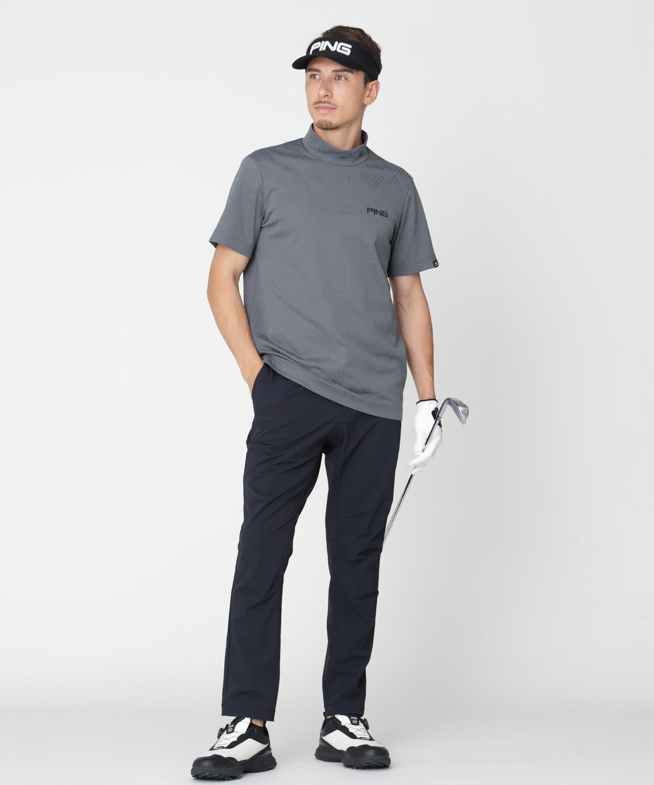 ［PING APPAREL］［吸水速乾・ストレッチ］幾何学柄ジャカード半袖ハイネックシャツ (MENS)