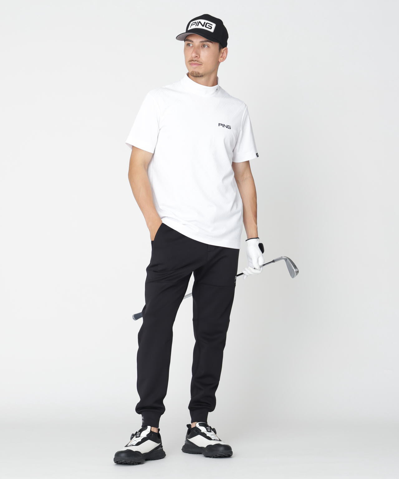［PING APPAREL］［吸水速乾・ストレッチ］幾何学柄ジャカード半袖ハイネックシャツ (MENS)