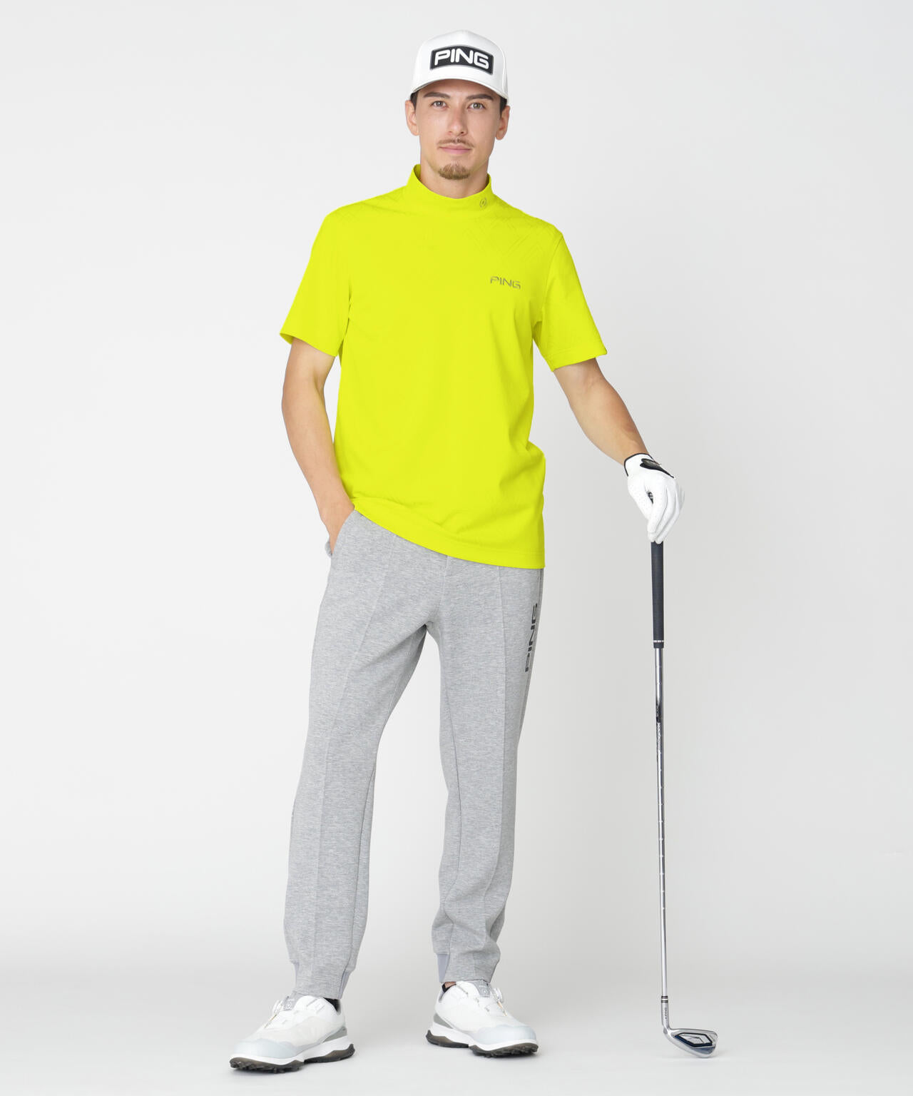 ［PING APPAREL］［吸水速乾・ストレッチ］幾何学柄ジャカード半袖ハイネックシャツ (MENS)