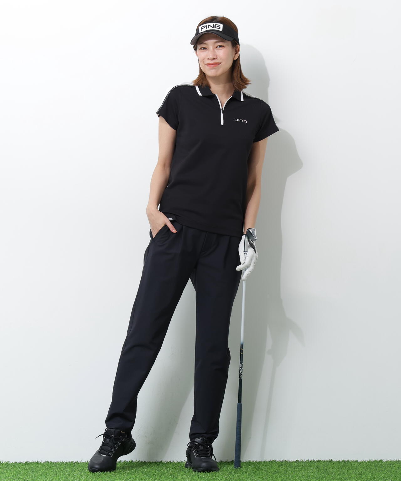 【PING APPAREL】切替ロゴテープカノコ半袖ハーフジップポロシャツ ＜PERFORMANCE＞ (LADIES)