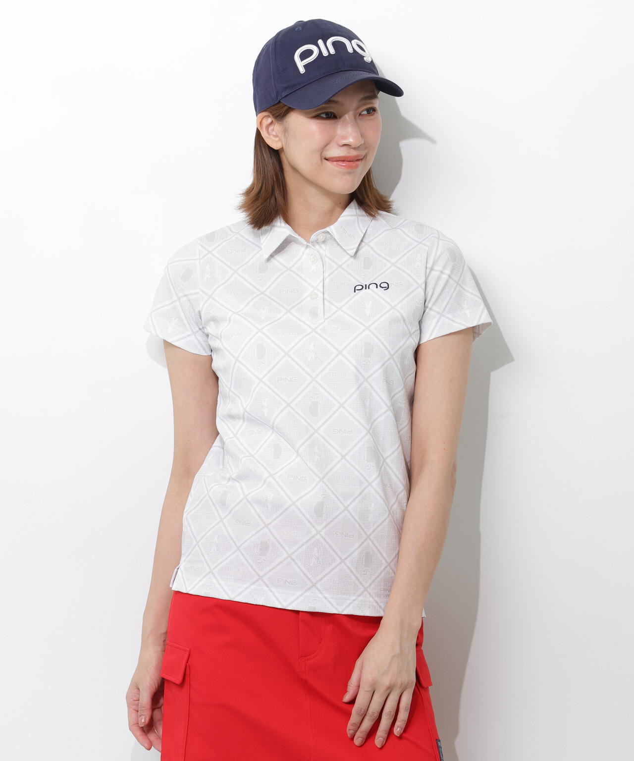 【PING APPAREL】バイアスチェックプリントEPIX変形ストレッチサッカー半袖ポロシャツ ＜NATIVE＞ (LADIES)