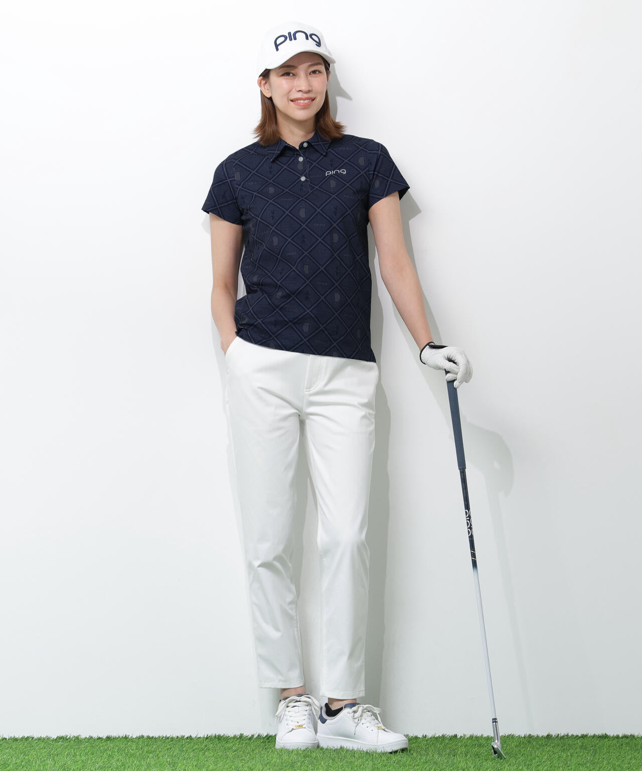 【PING APPAREL】バイアスチェックプリントEPIX変形ストレッチサッカー半袖ポロシャツ ＜NATIVE＞ (LADIES)