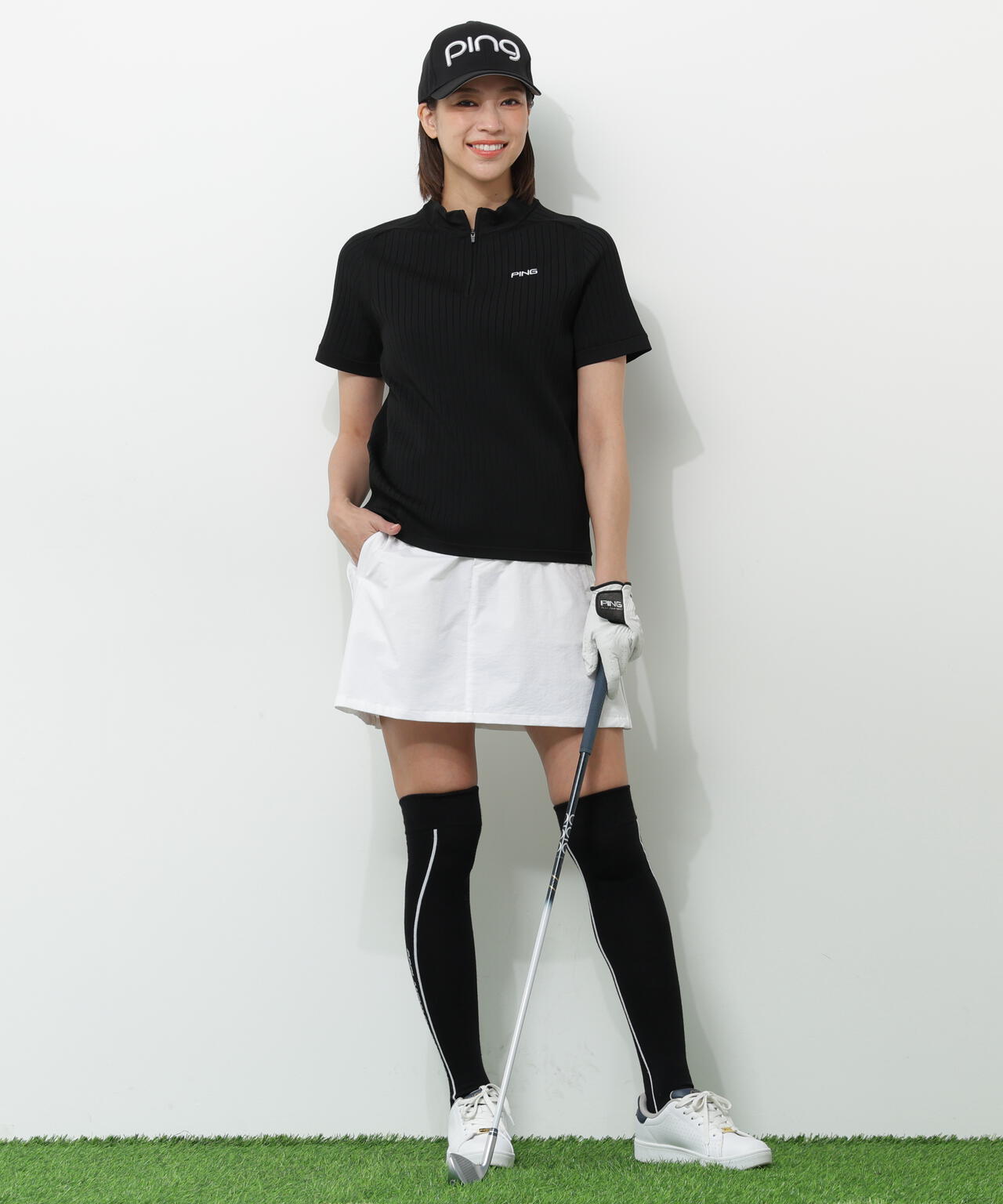 【PING APPAREL】エンボス半袖ニットハーフジップアッププルオーバー ＜GOLD＞ (LADIES)
