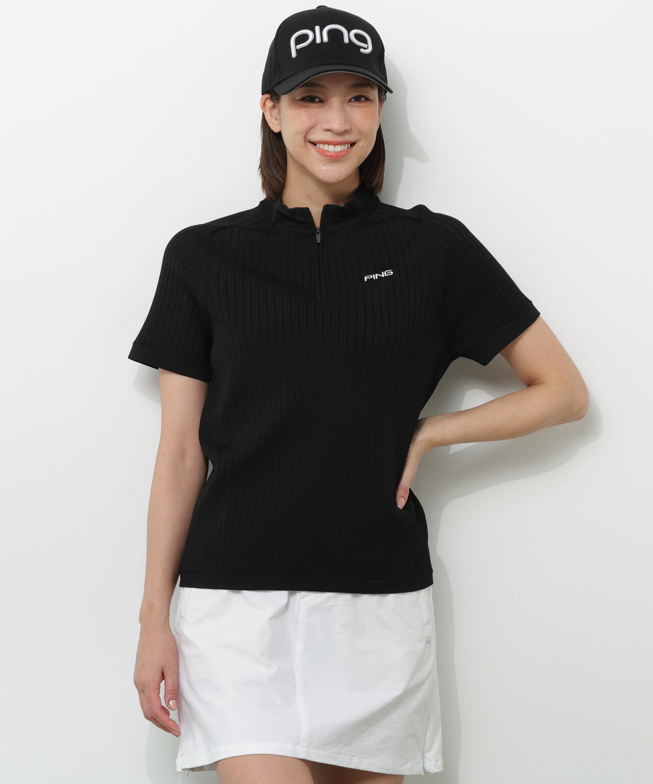 【PING APPAREL】エンボス半袖ニットハーフジップアッププルオーバー ＜GOLD＞ (LADIES)