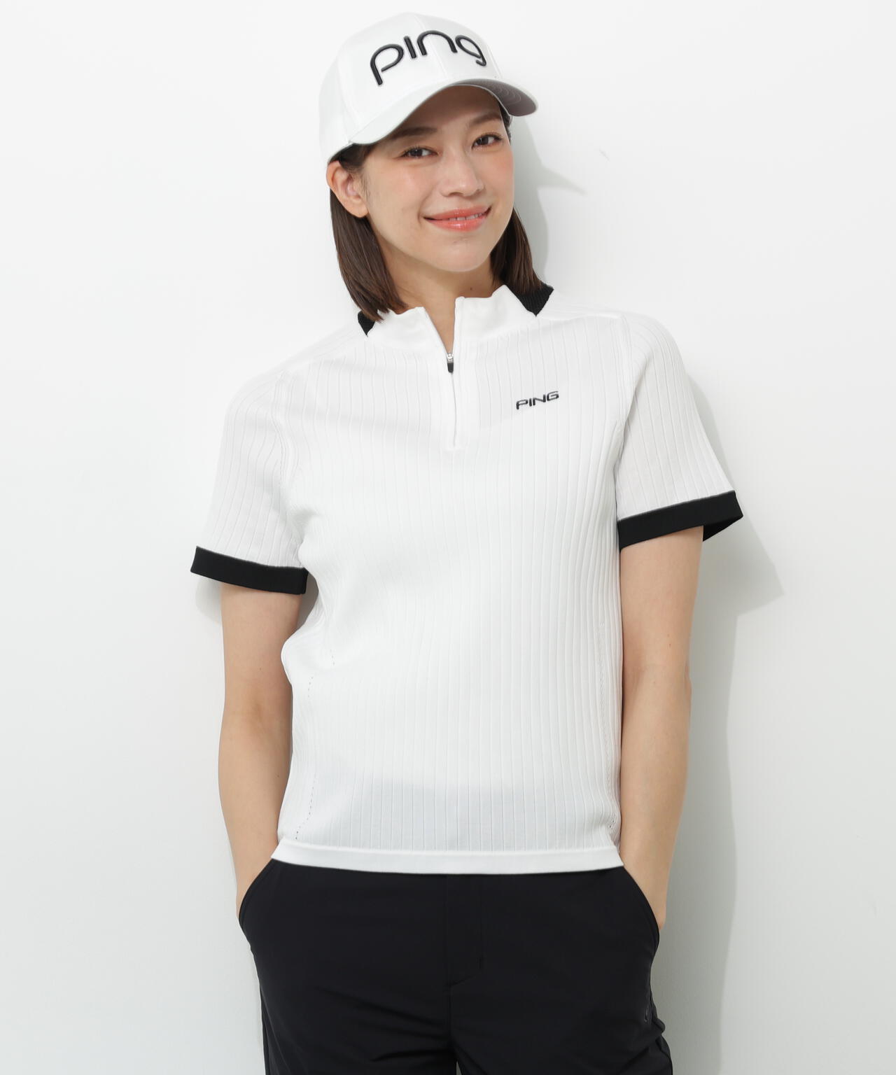 【PING APPAREL】エンボス半袖ニットハーフジップアッププルオーバー ＜GOLD＞ (LADIES)