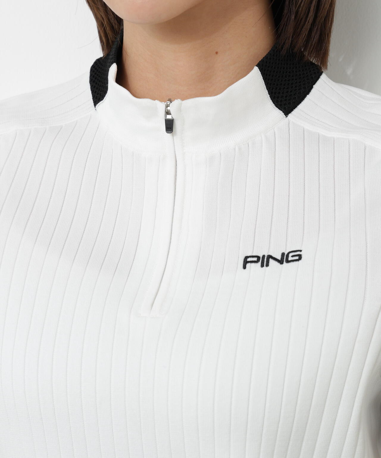 【PING APPAREL】エンボス半袖ニットハーフジップアッププルオーバー ＜GOLD＞ (LADIES)