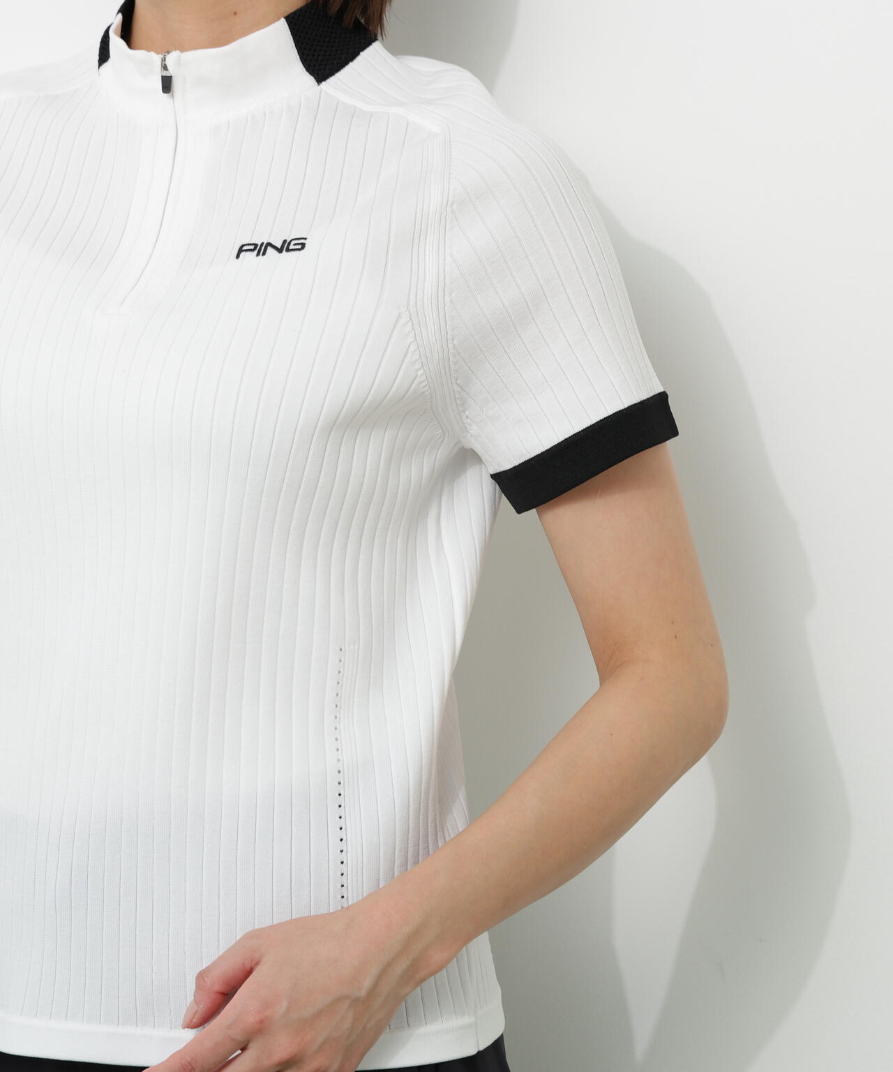 【PING APPAREL】エンボス半袖ニットハーフジップアッププルオーバー ＜GOLD＞ (LADIES)