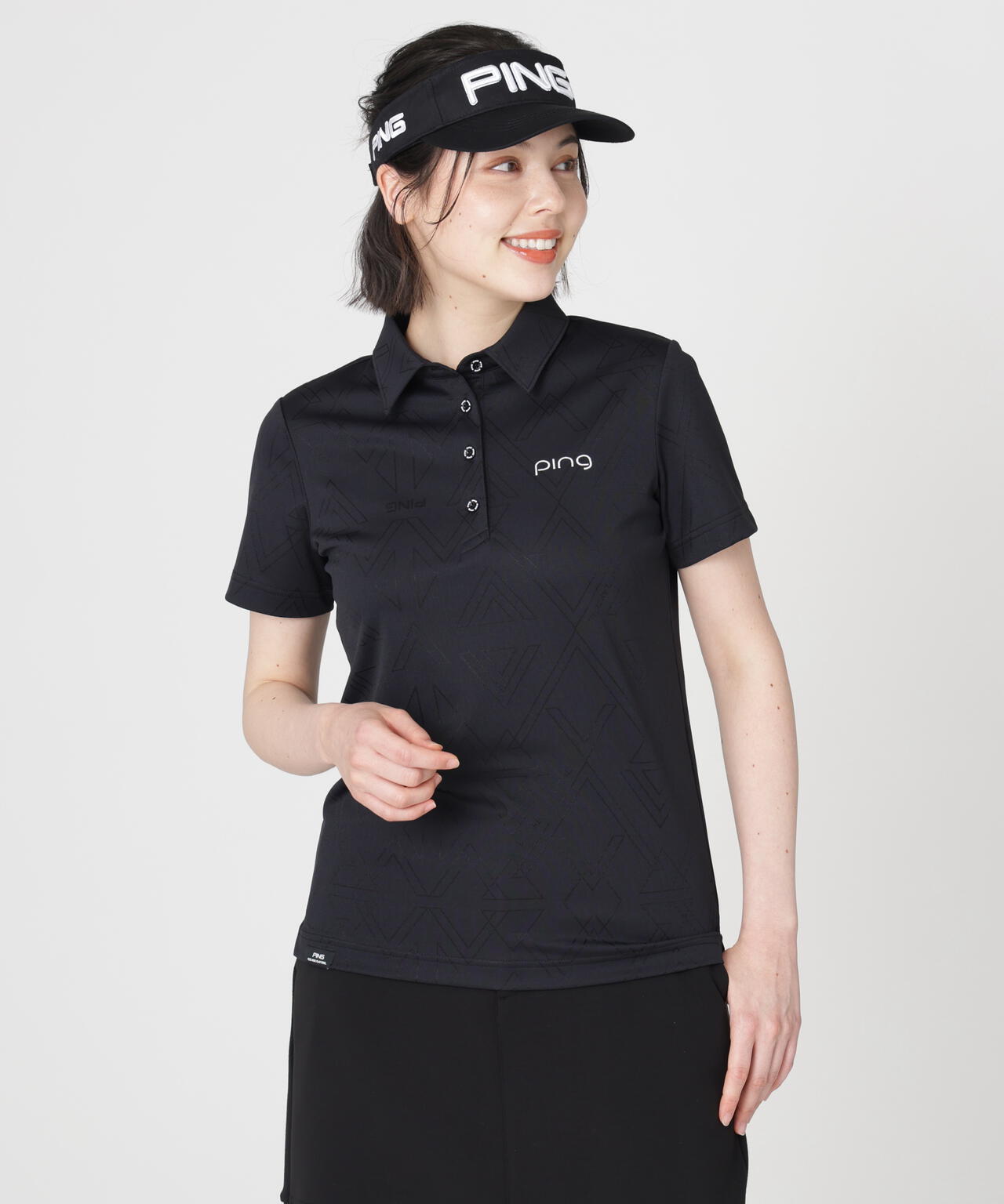 ［PING APPAREL］［吸水速乾・ストレッチ］三角幾何学柄ジャカード半袖ポロシャツ (LADIES)