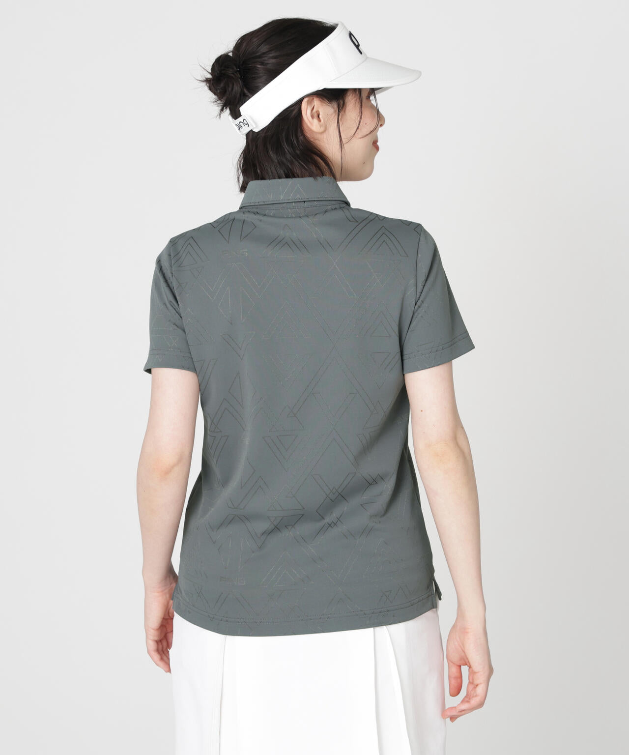 ［PING APPAREL］［吸水速乾・ストレッチ］三角幾何学柄ジャカード半袖ポロシャツ (LADIES)
