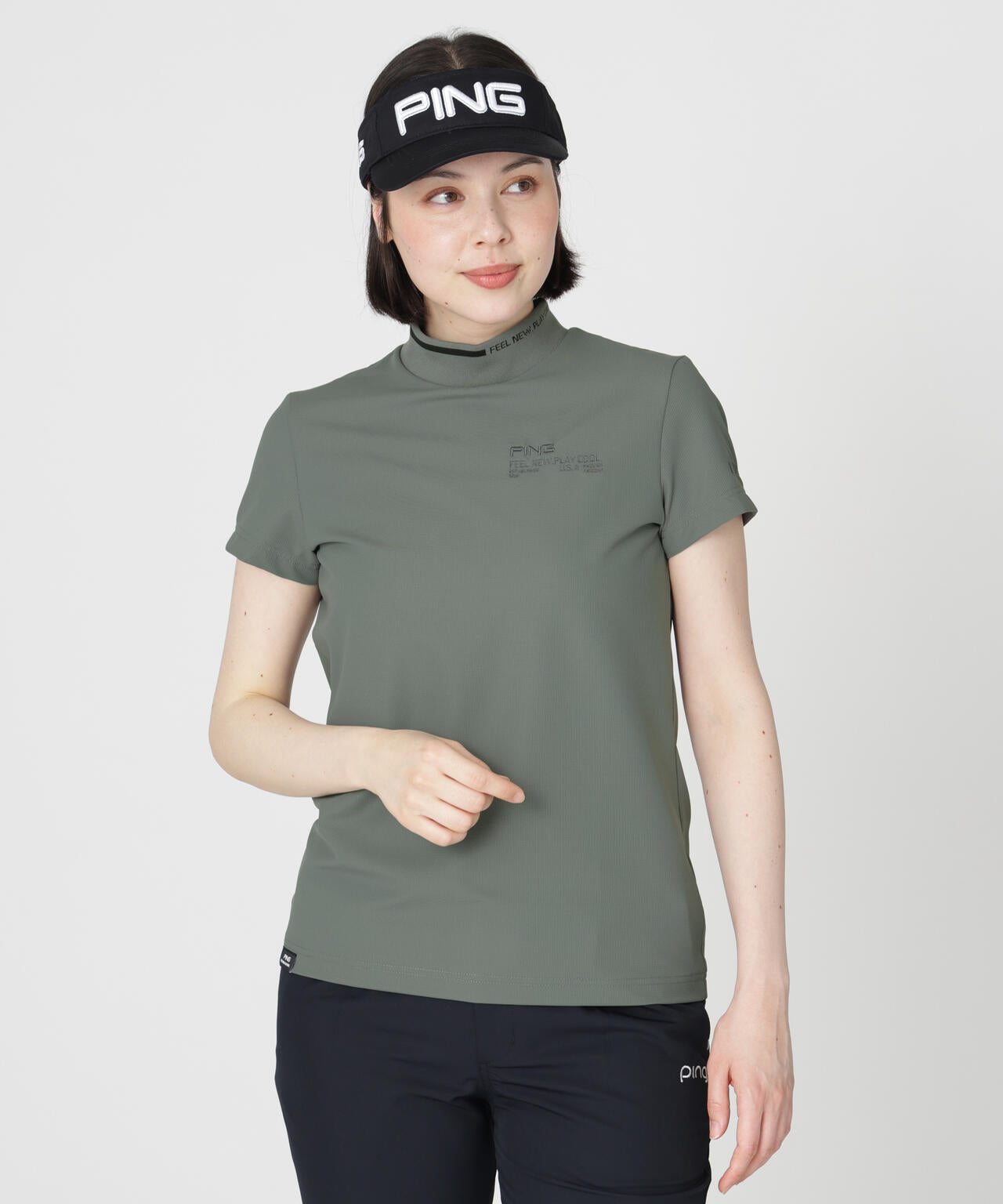 ［PING APPAREL］［接触冷感・UVカット］ワッフルロゴジャカード衿半袖ハイネックシャツ (LADIES)