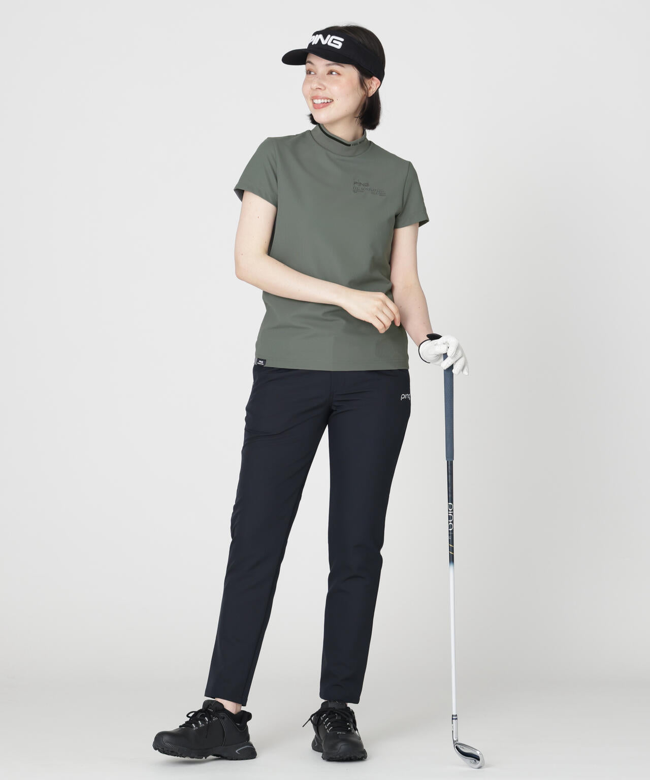 ［PING APPAREL］［接触冷感・UVカット］ワッフルロゴジャカード衿半袖ハイネックシャツ (LADIES)