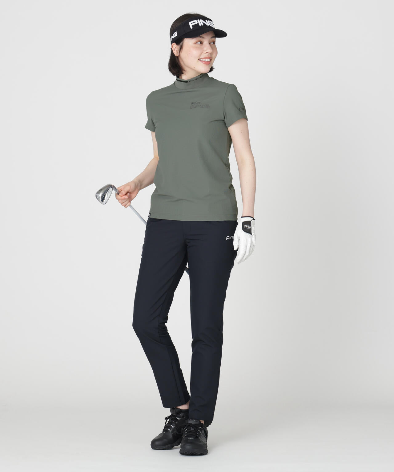 ［PING APPAREL］［接触冷感・UVカット］ワッフルロゴジャカード衿半袖ハイネックシャツ (LADIES)