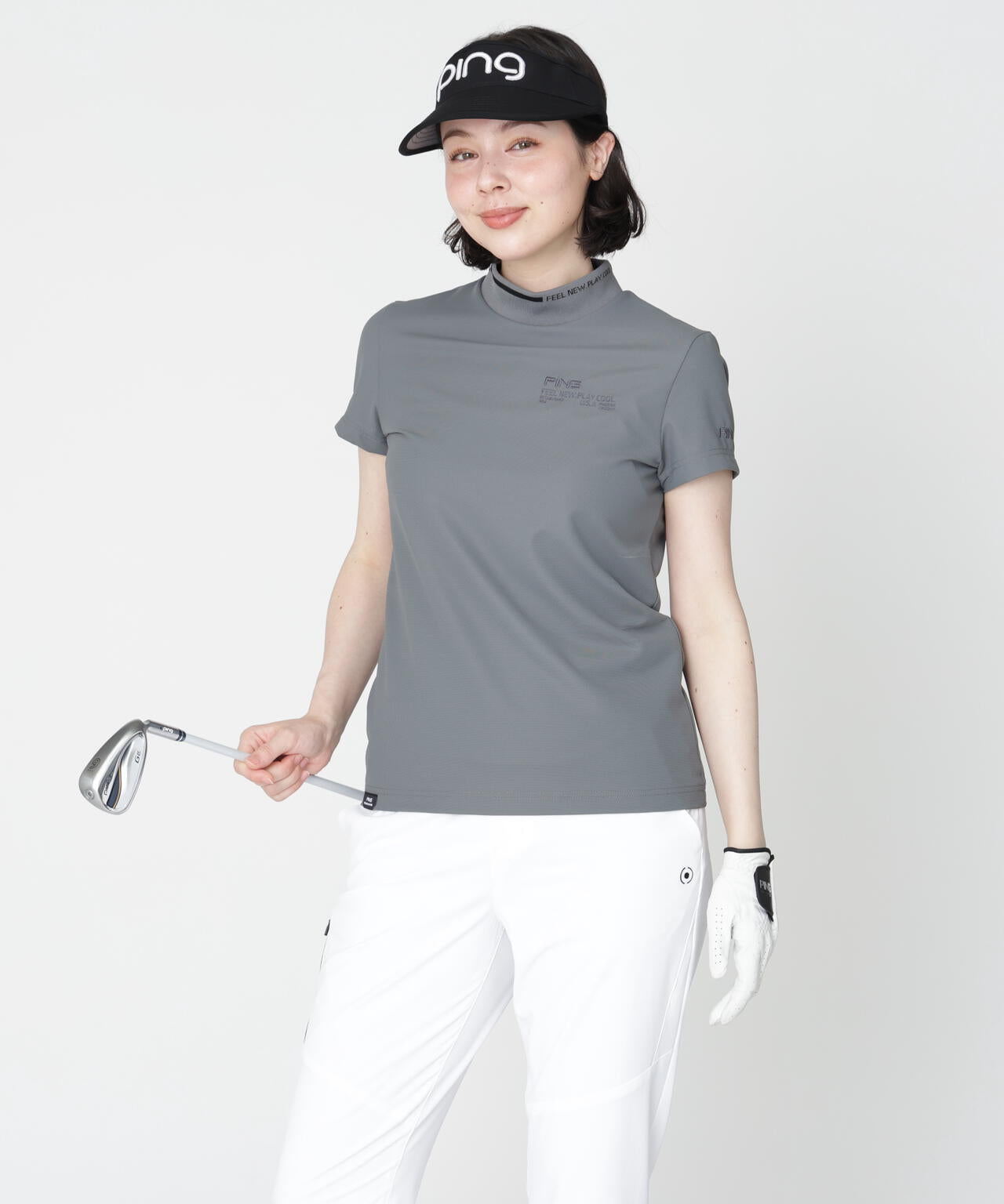 ［PING APPAREL］［接触冷感・UVカット］ワッフルロゴジャカード衿半袖ハイネックシャツ (LADIES)