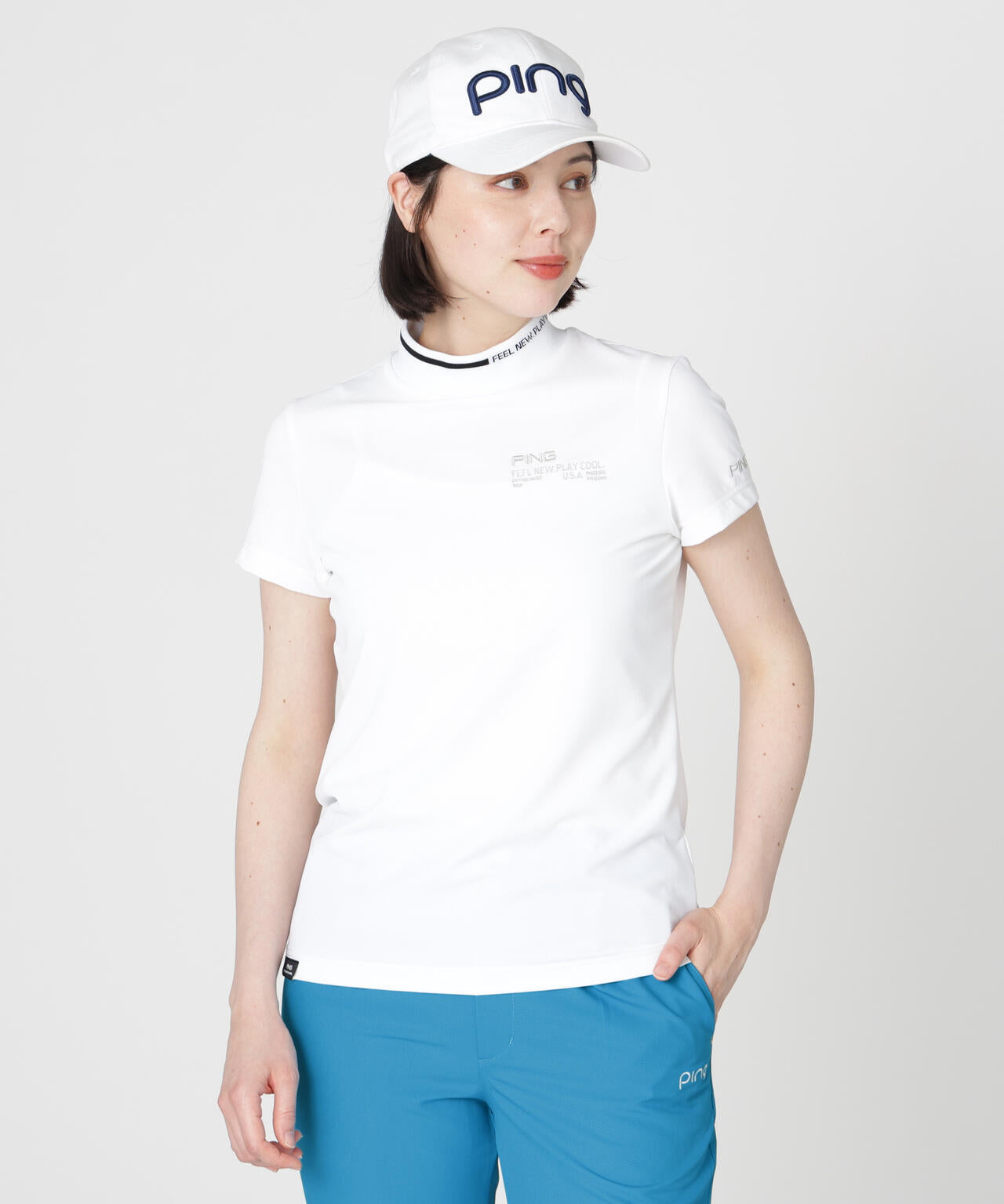 ［PING APPAREL］［接触冷感・UVカット］ワッフルロゴジャカード衿半袖ハイネックシャツ (LADIES)