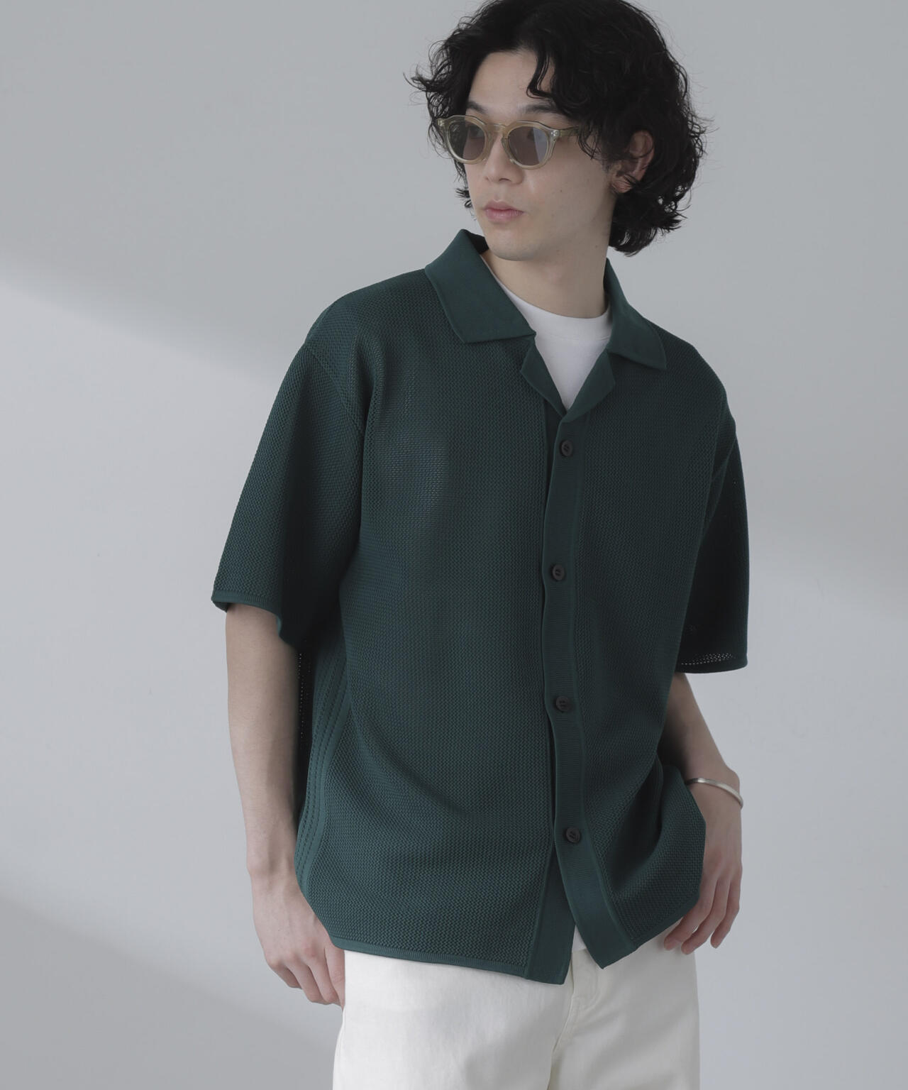 ポリメッシュリラックスオープンカラーニットシャツ