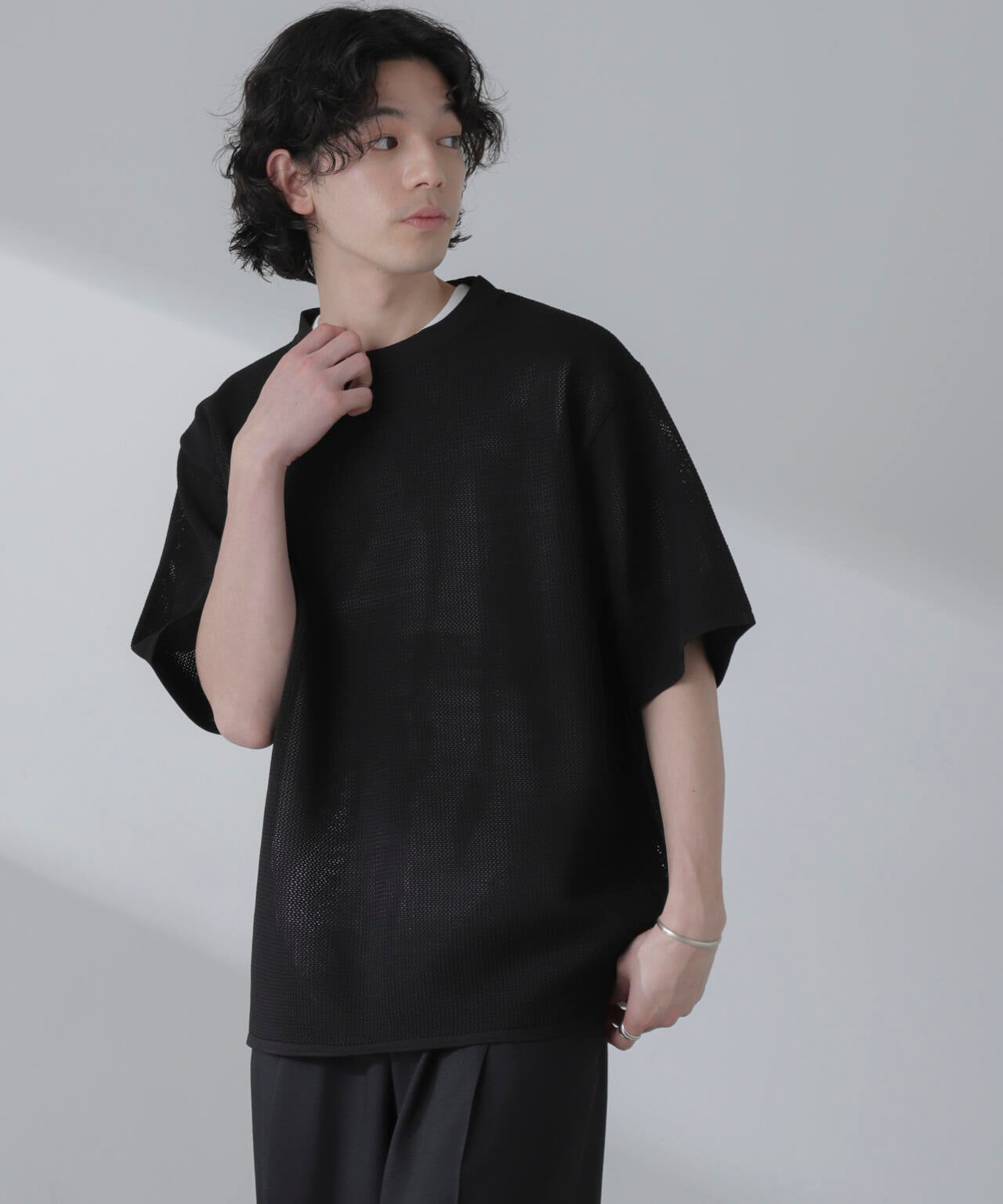 ポリメッシュリラックスクルーネックニットTシャツ