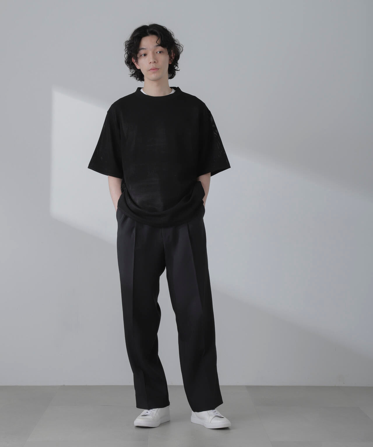 ポリメッシュリラックスクルーネックニットTシャツ